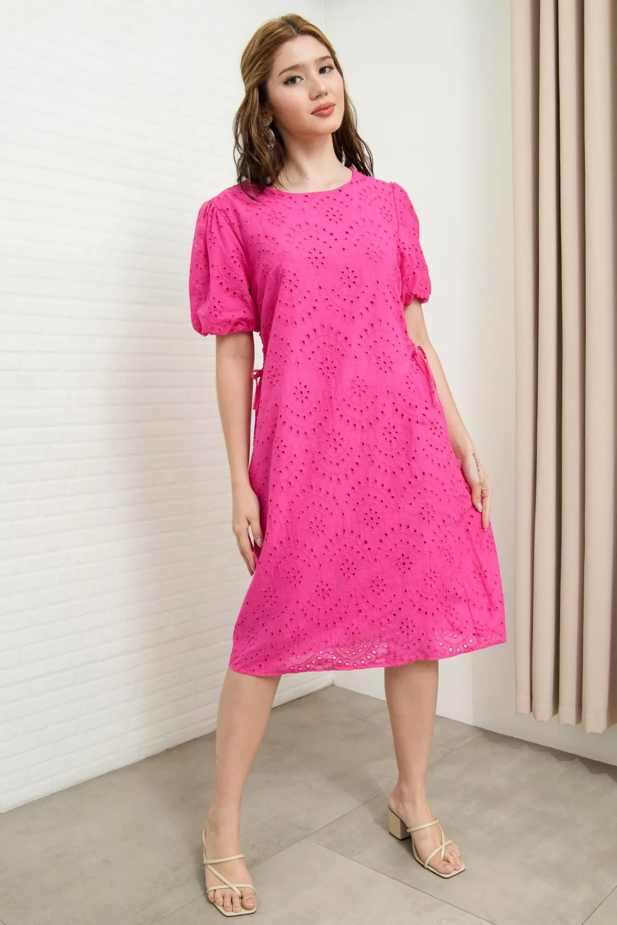 EMMELINE Puff-Sleeve Cut-out Broderie Midi Dress (Magenta Pink)