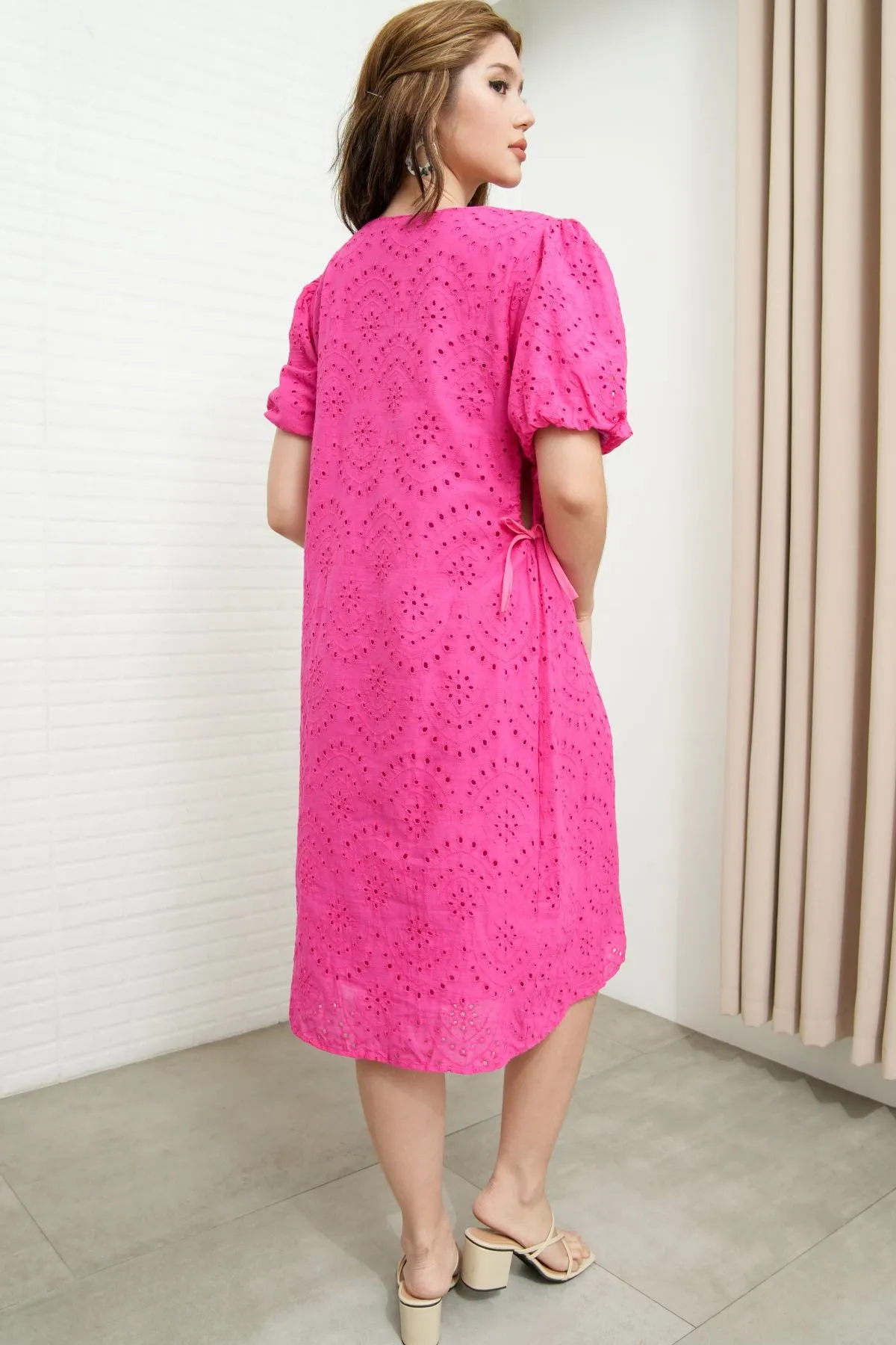 EMMELINE Puff-Sleeve Cut-out Broderie Midi Dress (Magenta Pink)