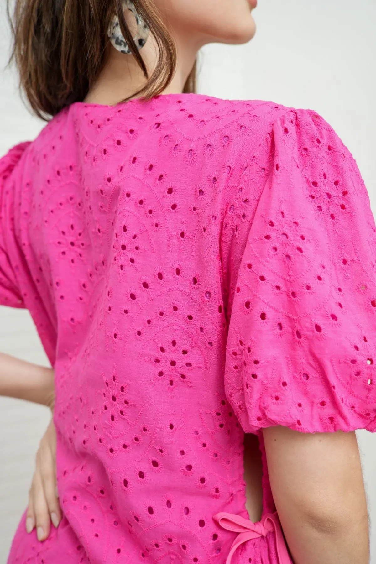 EMMELINE Puff-Sleeve Cut-out Broderie Midi Dress (Magenta Pink)