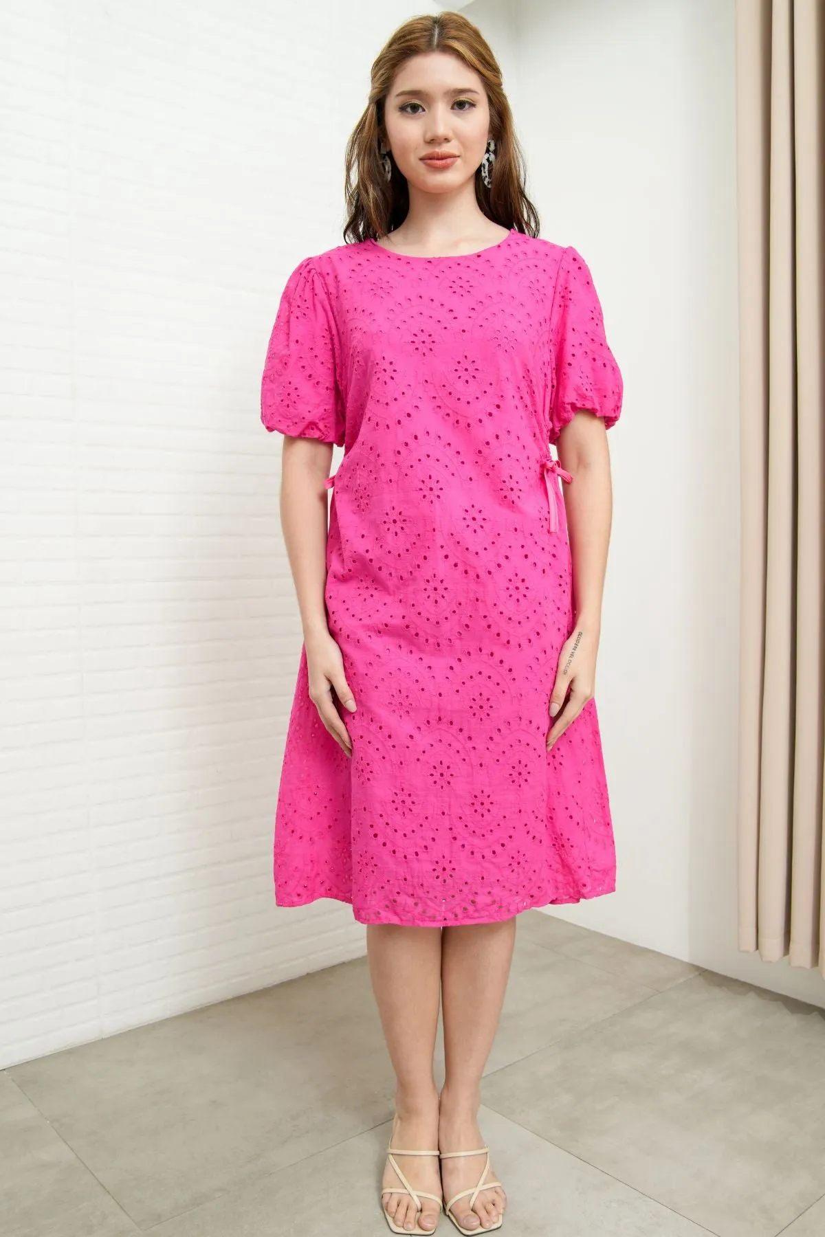 EMMELINE Puff-Sleeve Cut-out Broderie Midi Dress (Magenta Pink)