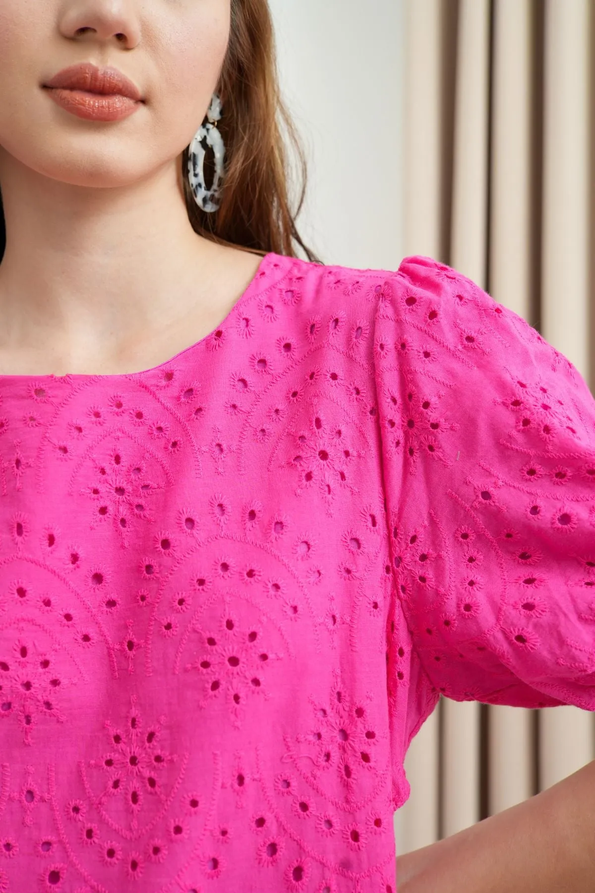 EMMELINE Puff-Sleeve Cut-out Broderie Midi Dress (Magenta Pink)
