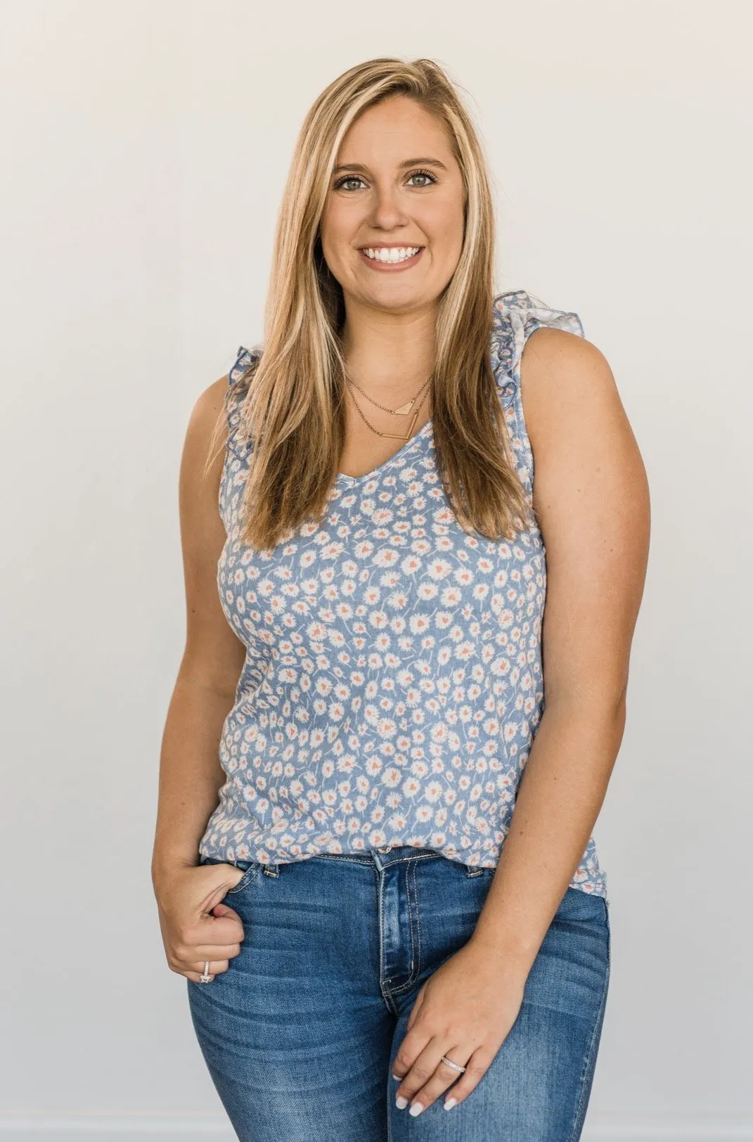 Endless Summer Ruffle Floral Tank Top- Denim Blue