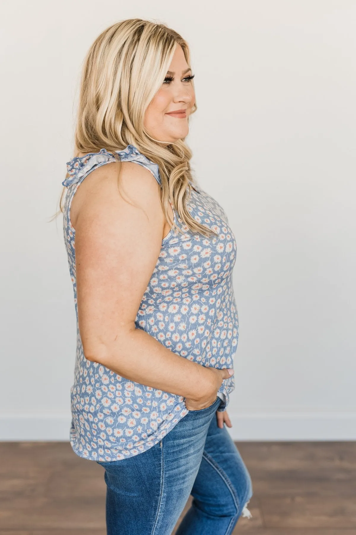 Endless Summer Ruffle Floral Tank Top- Denim Blue