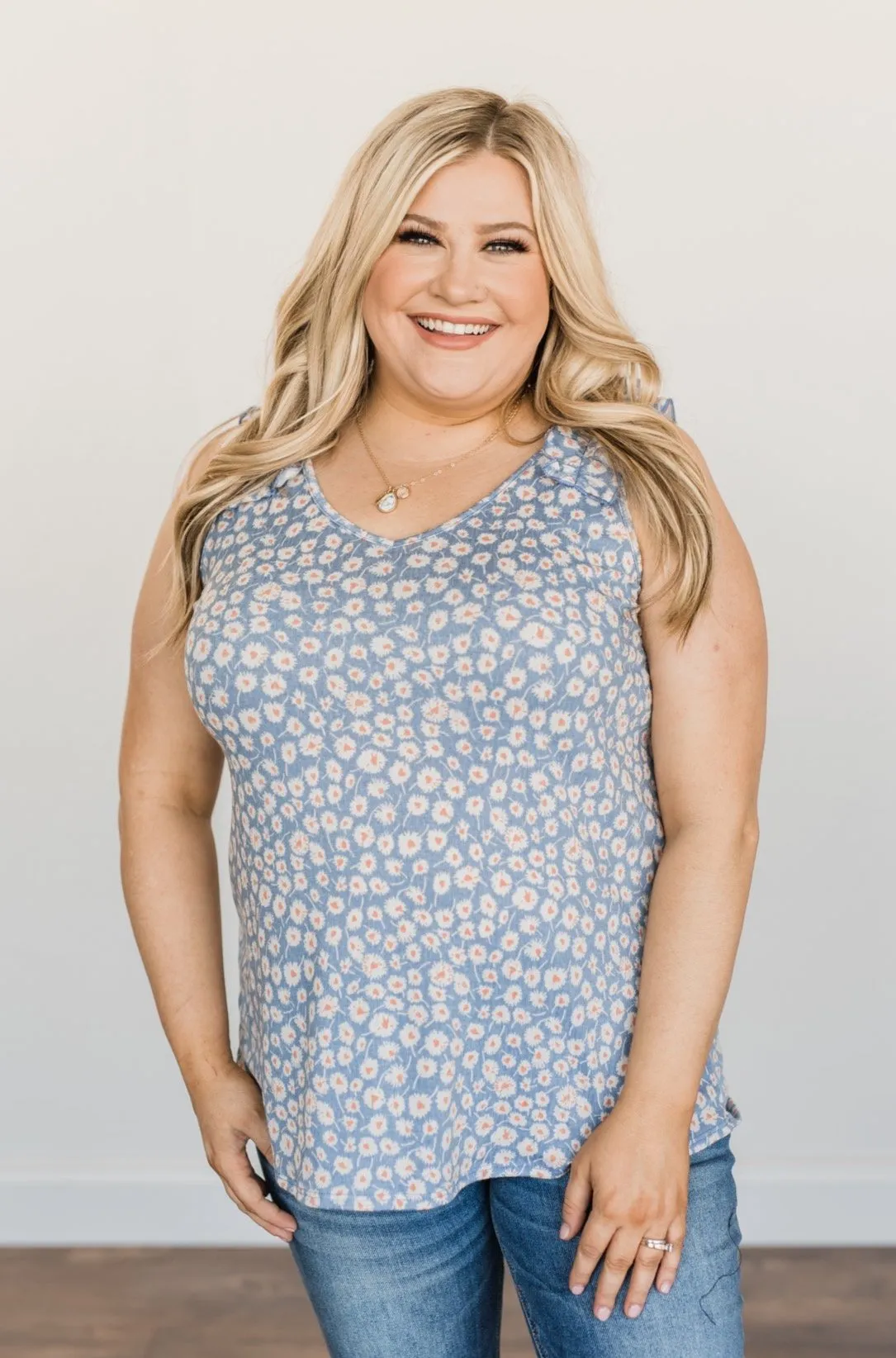 Endless Summer Ruffle Floral Tank Top- Denim Blue
