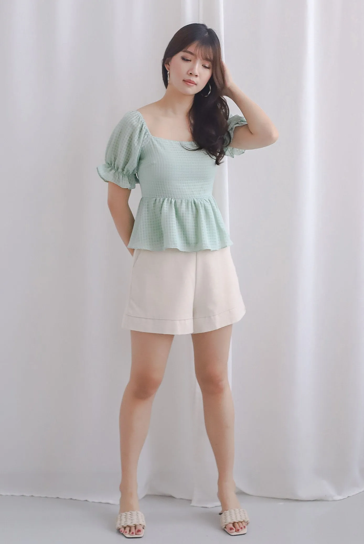 Enysa Gingham Sleeve Peplum Top In Pistachio