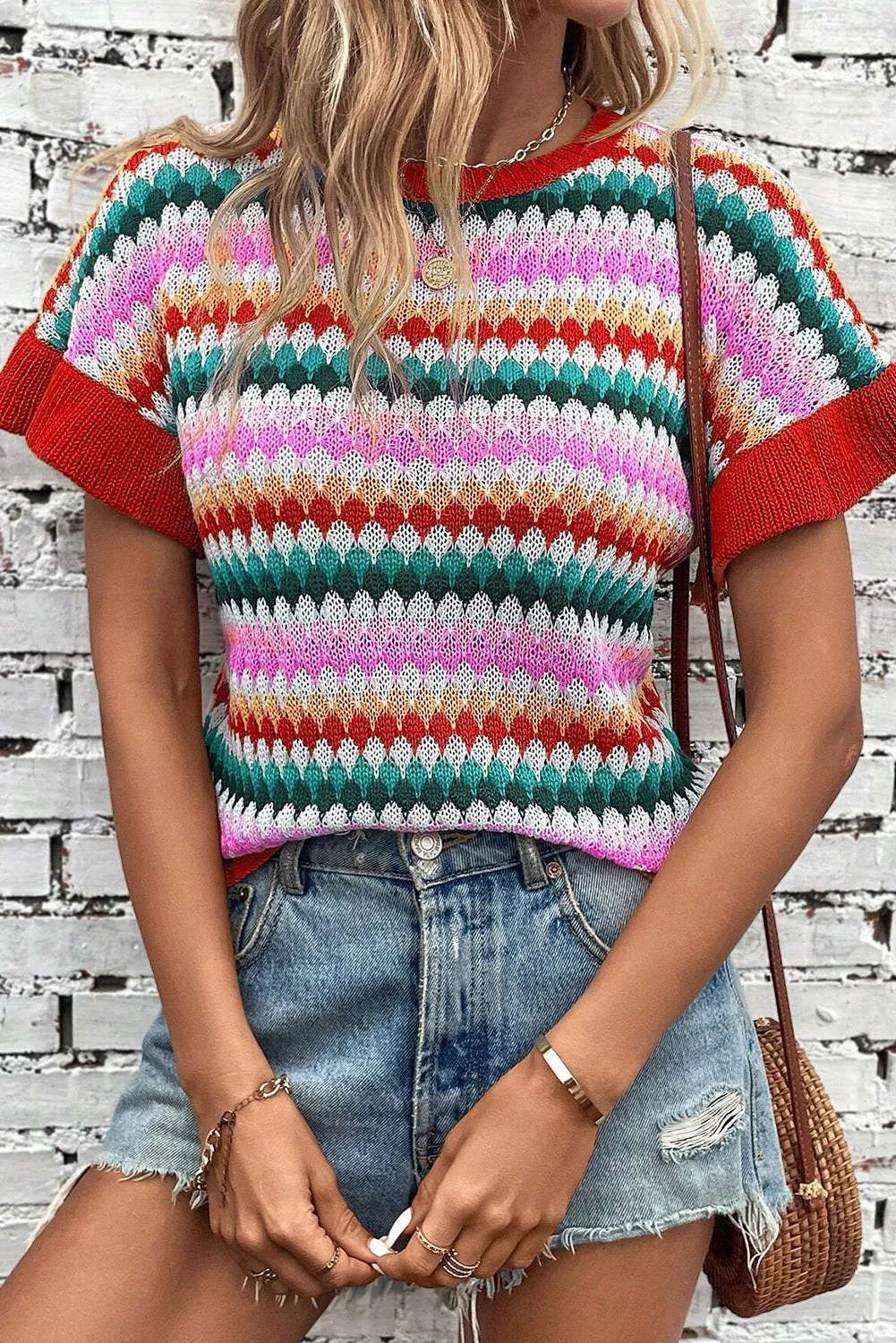 Fiery Red Trimmed Ruffle Sleeve Colorful Textured Sweater