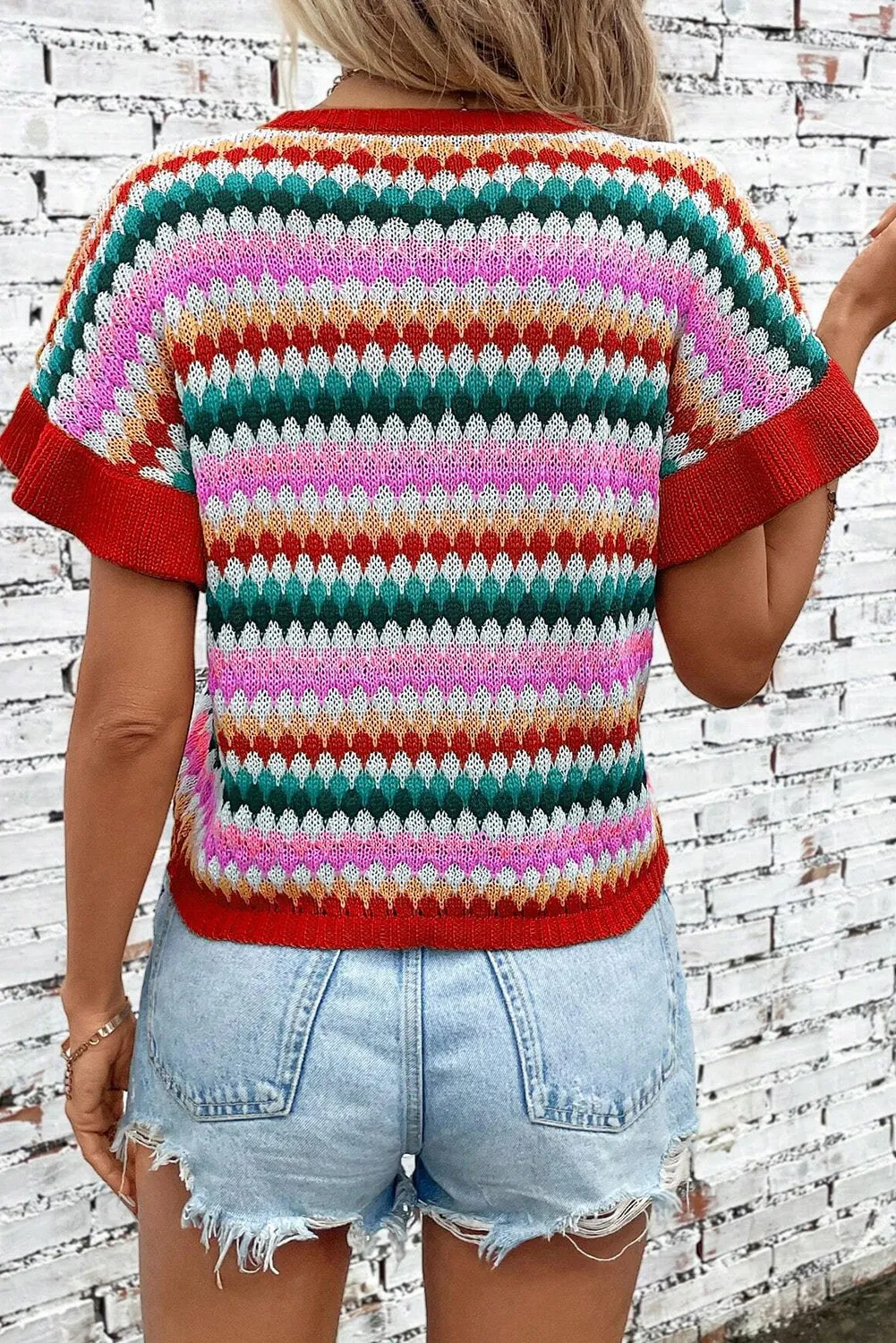 Fiery Red Trimmed Ruffle Sleeve Colorful Textured Sweater