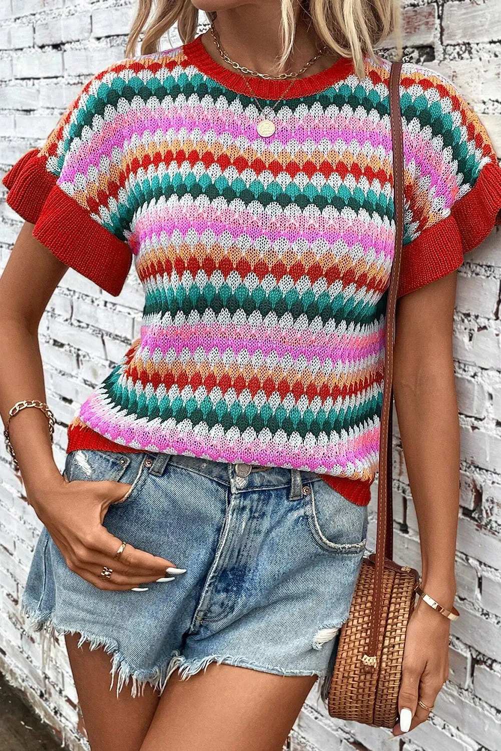 Fiery Red Trimmed Ruffle Sleeve Colorful Textured Sweater