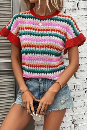 Fiery Red Trimmed Ruffle Sleeve Colorful Textured Sweater