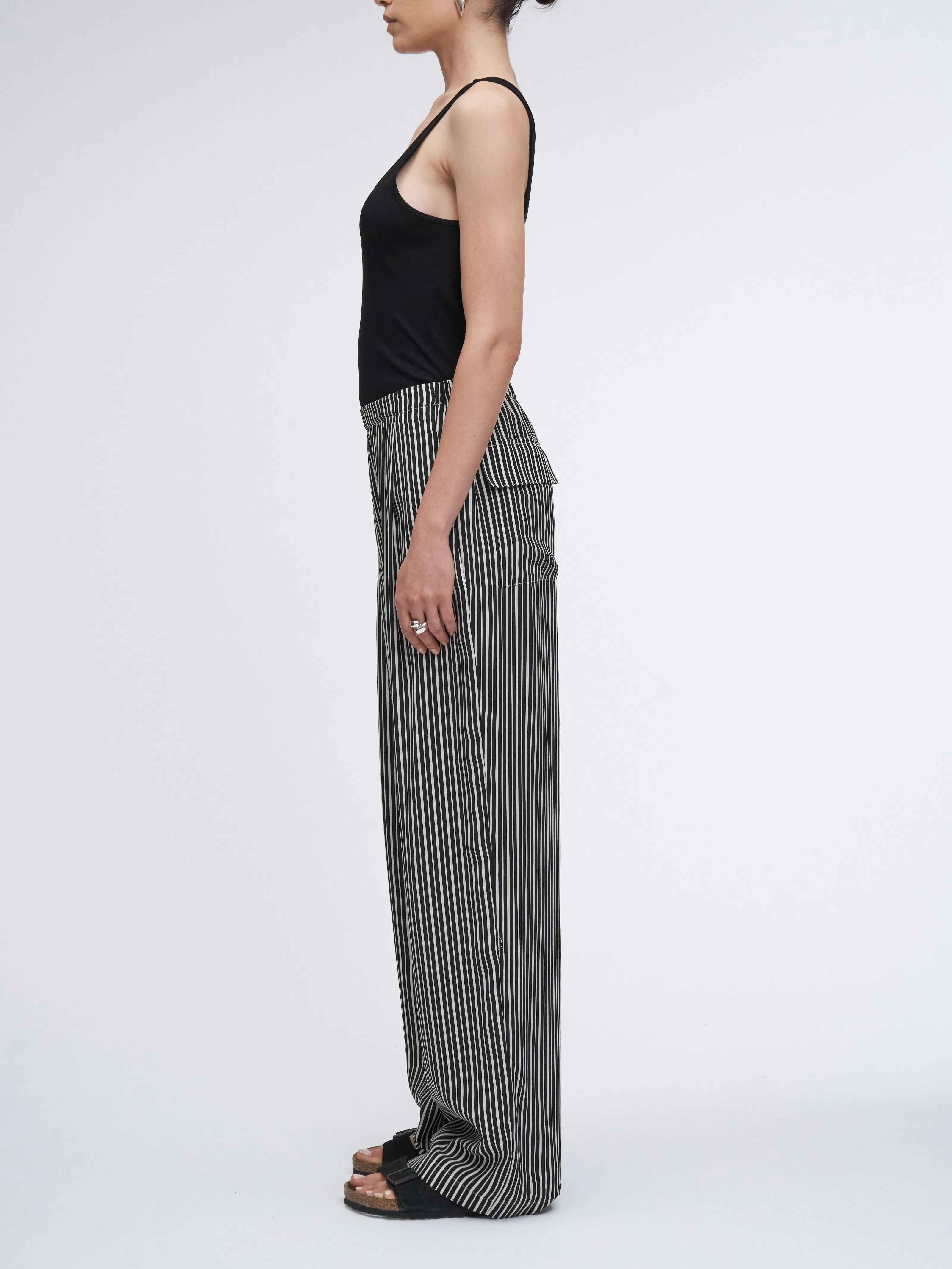 Flap Pocket Pleat Pant in Black/White Awning Stripe