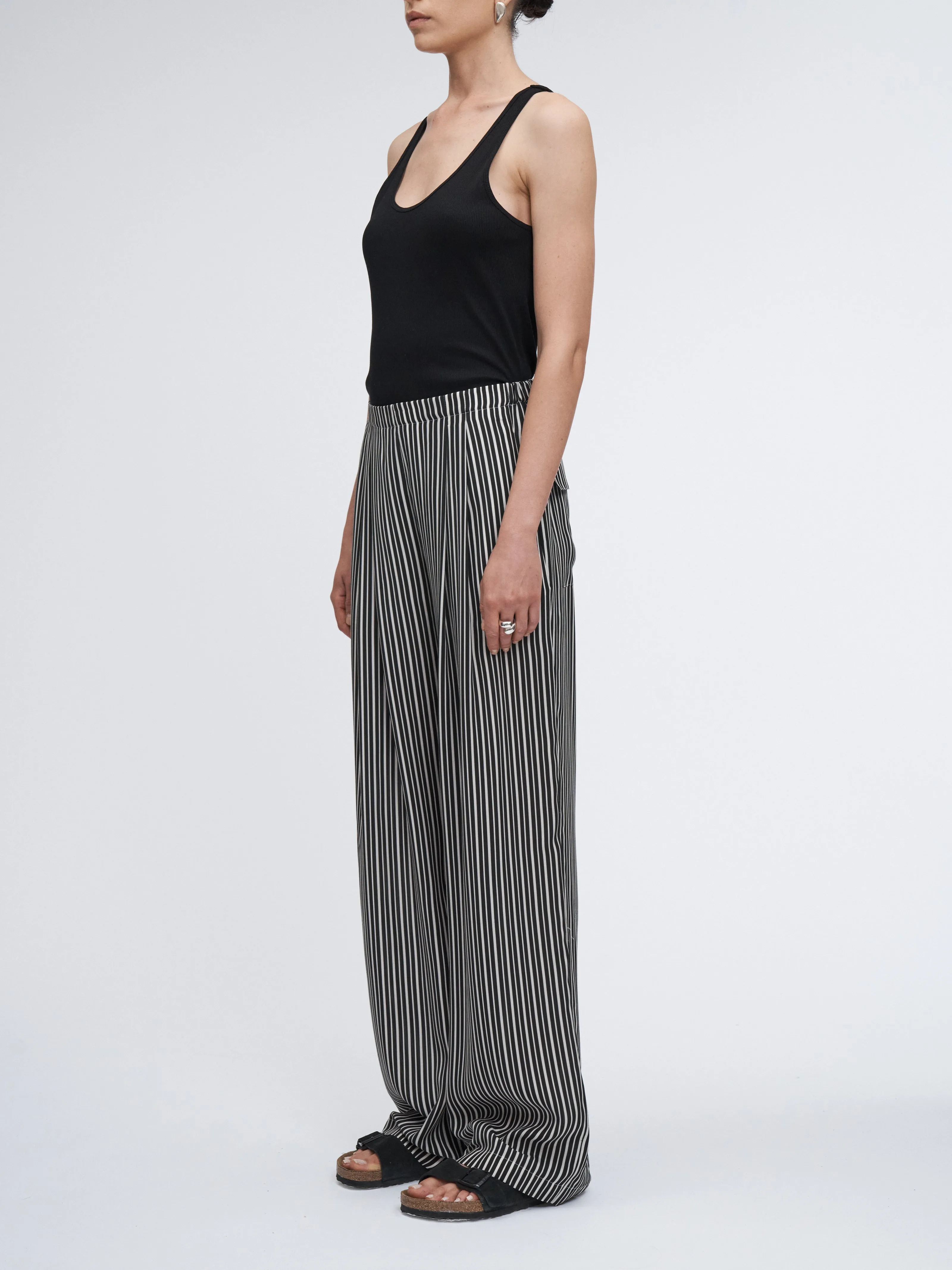 Flap Pocket Pleat Pant in Black/White Awning Stripe