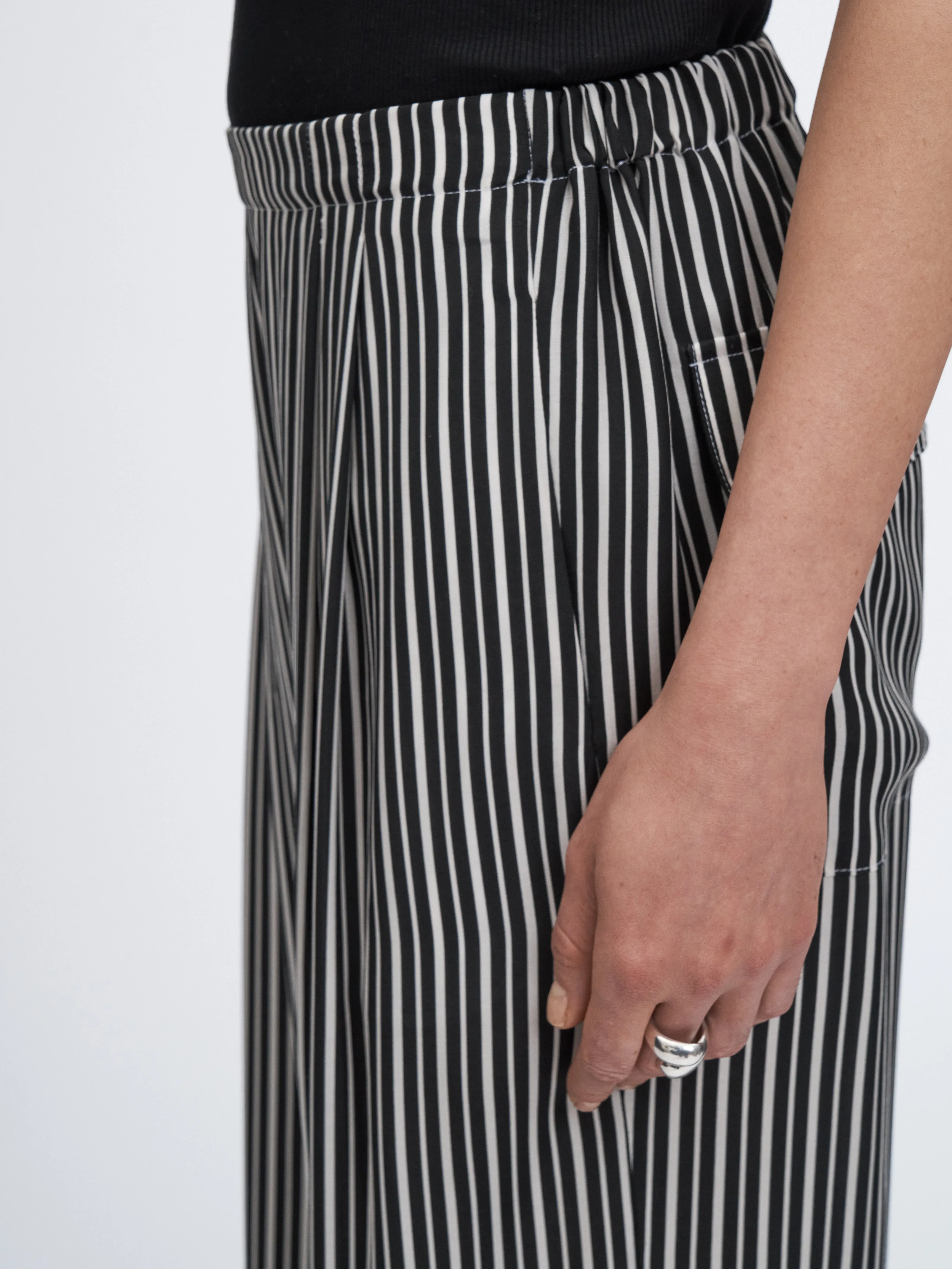 Flap Pocket Pleat Pant in Black/White Awning Stripe