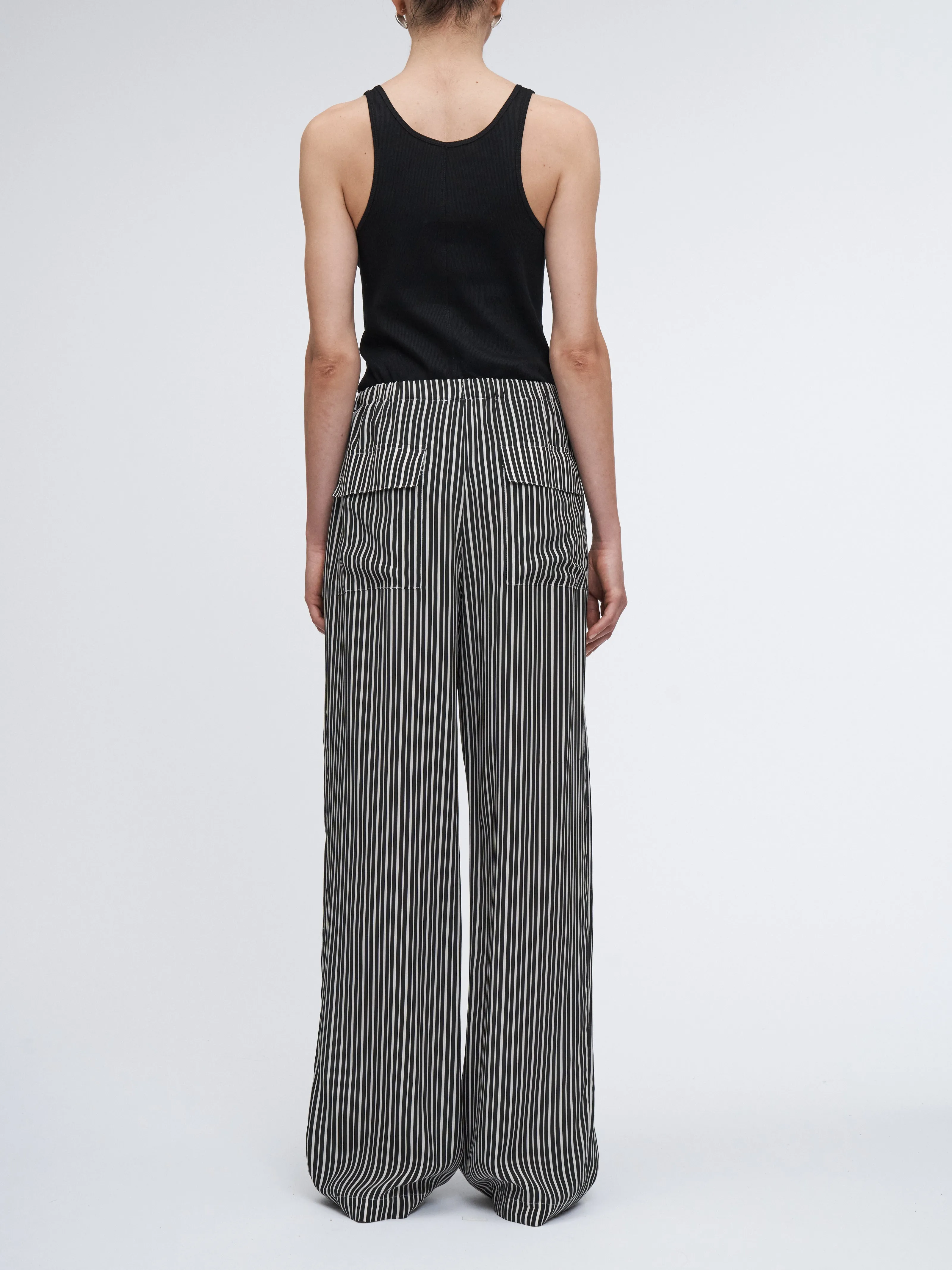 Flap Pocket Pleat Pant in Black/White Awning Stripe