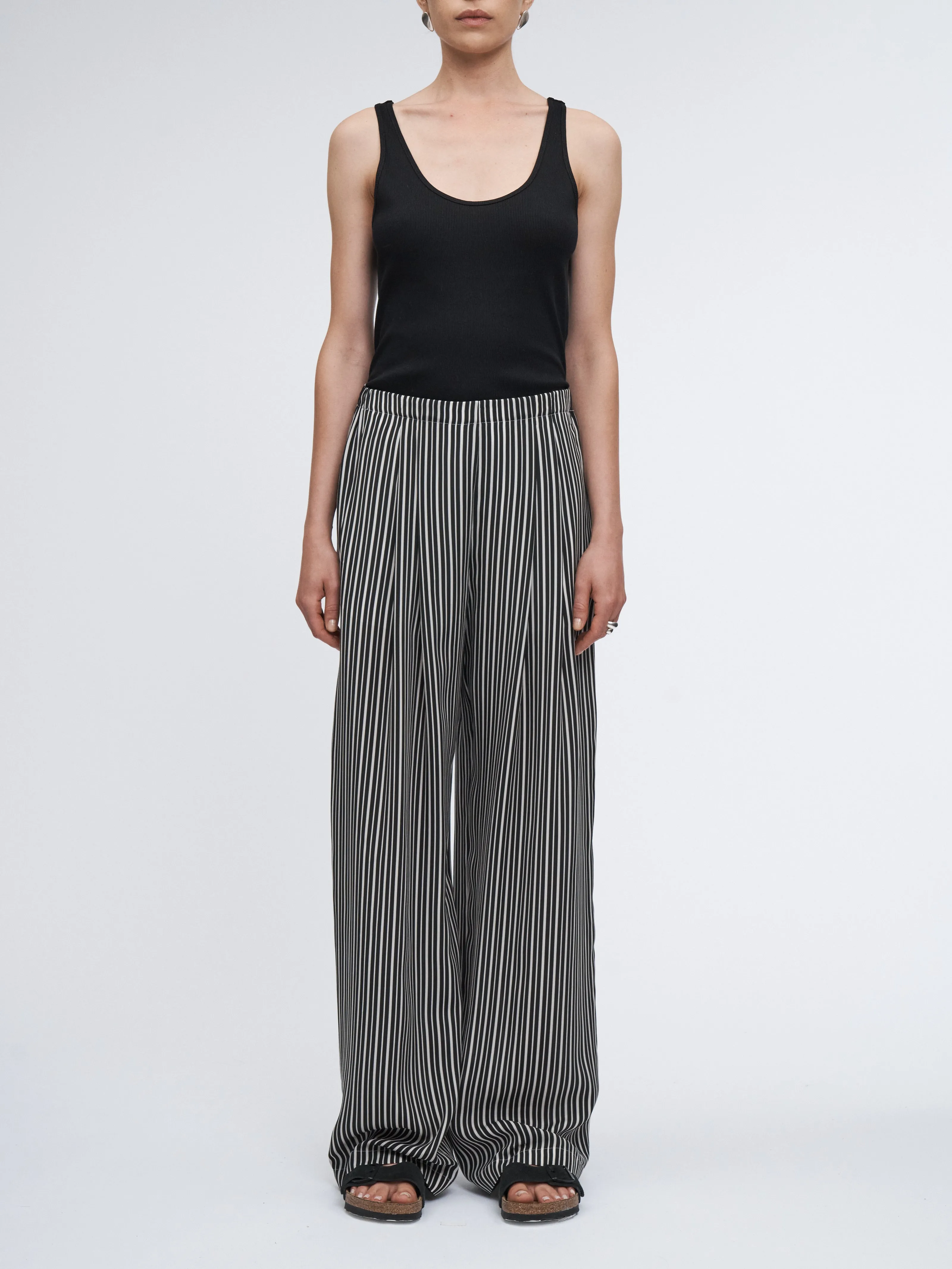 Flap Pocket Pleat Pant in Black/White Awning Stripe
