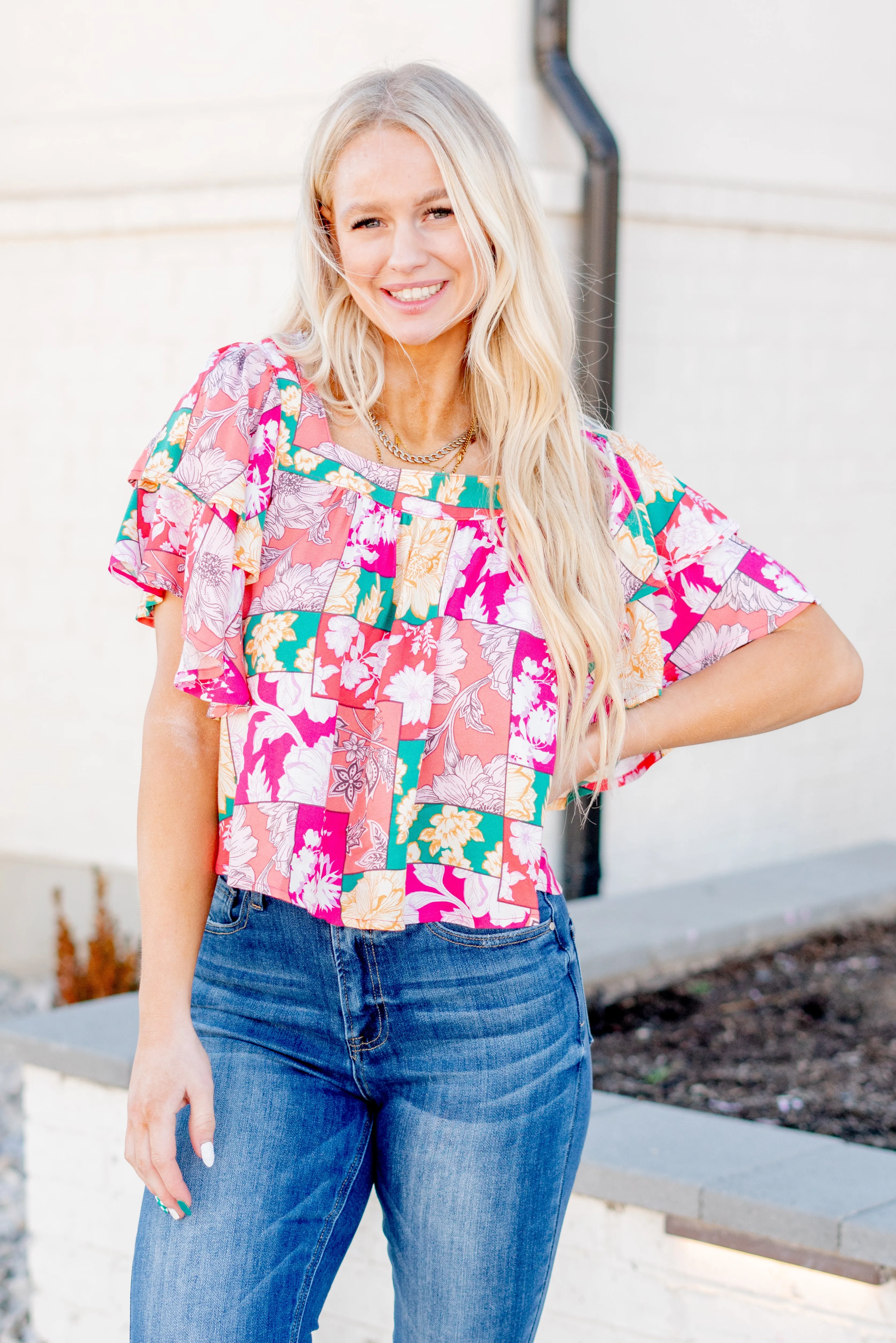Floral Print Ruffle Sleeve Top