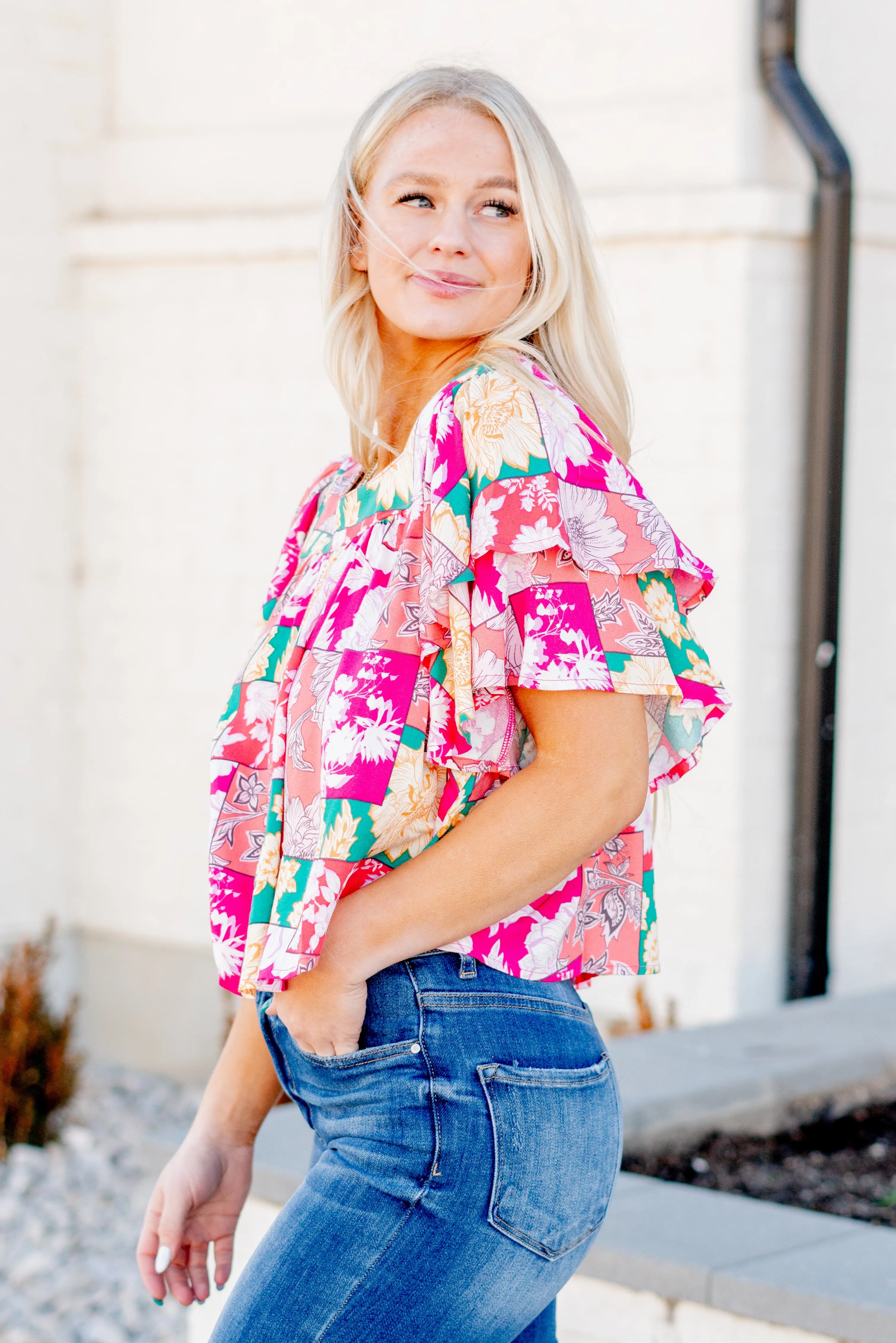 Floral Print Ruffle Sleeve Top