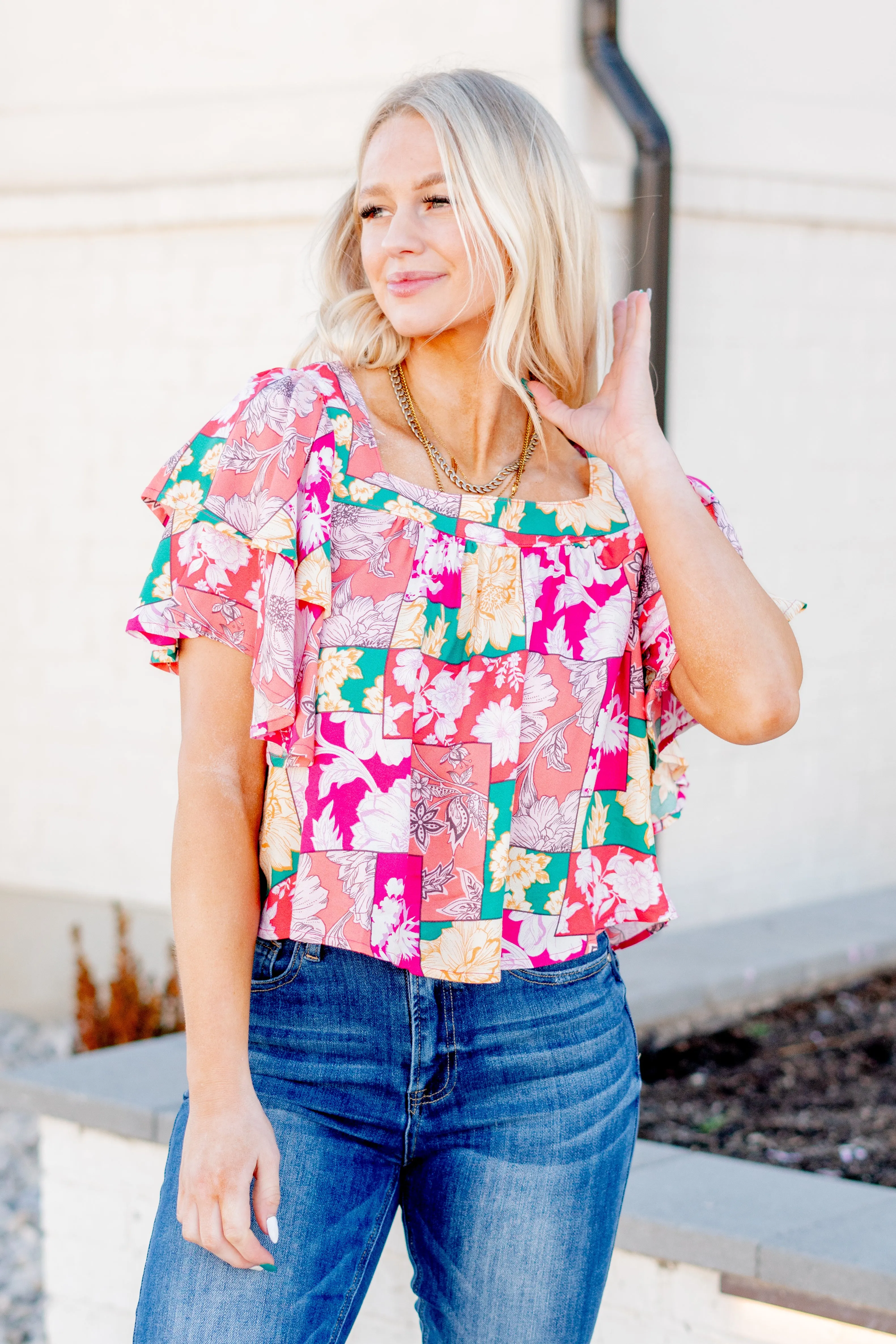 Floral Print Ruffle Sleeve Top