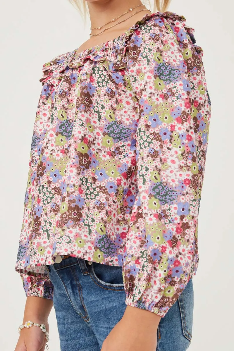 Floral Print Smocked Ruffle Bib Top