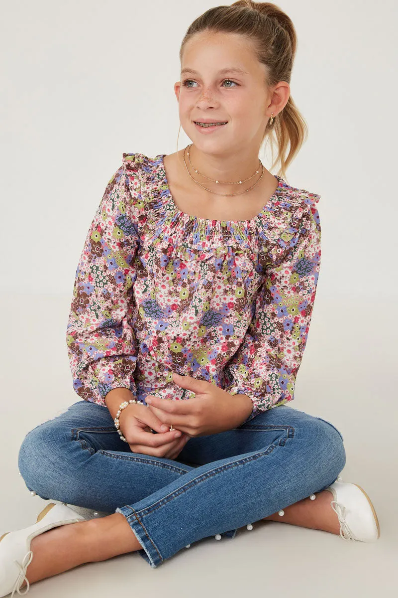 Floral Print Smocked Ruffle Bib Top