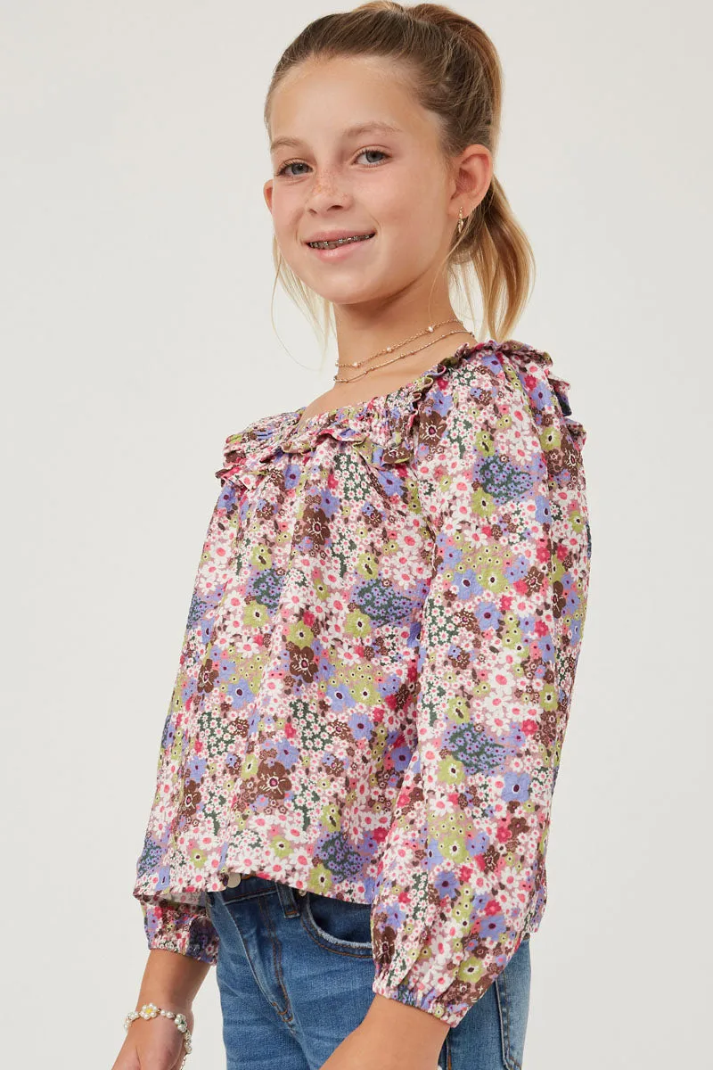 Floral Print Smocked Ruffle Bib Top