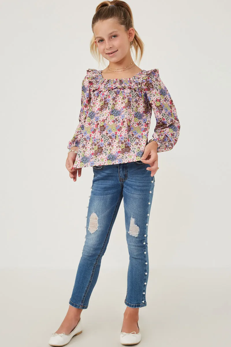 Floral Print Smocked Ruffle Bib Top