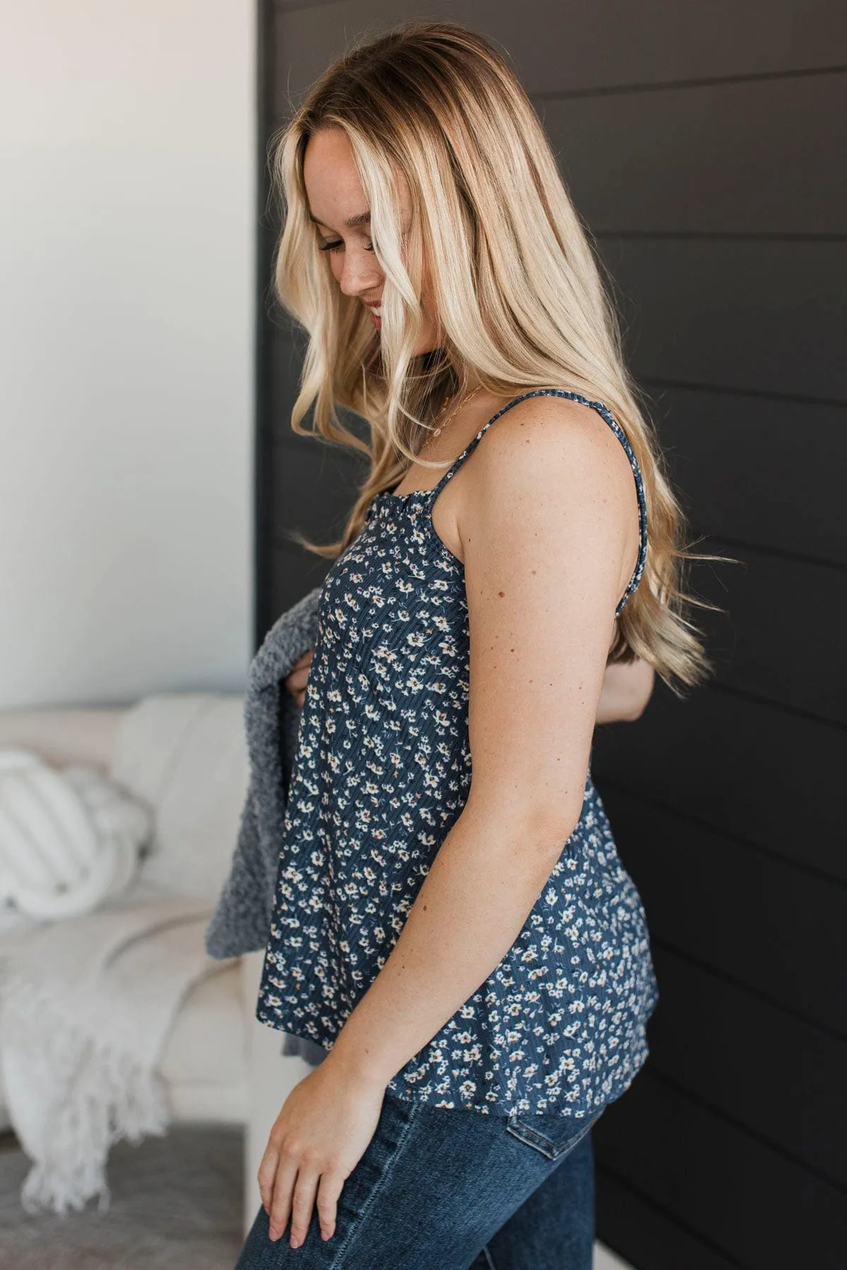 Fond Companions Floral Tank Top- Navy