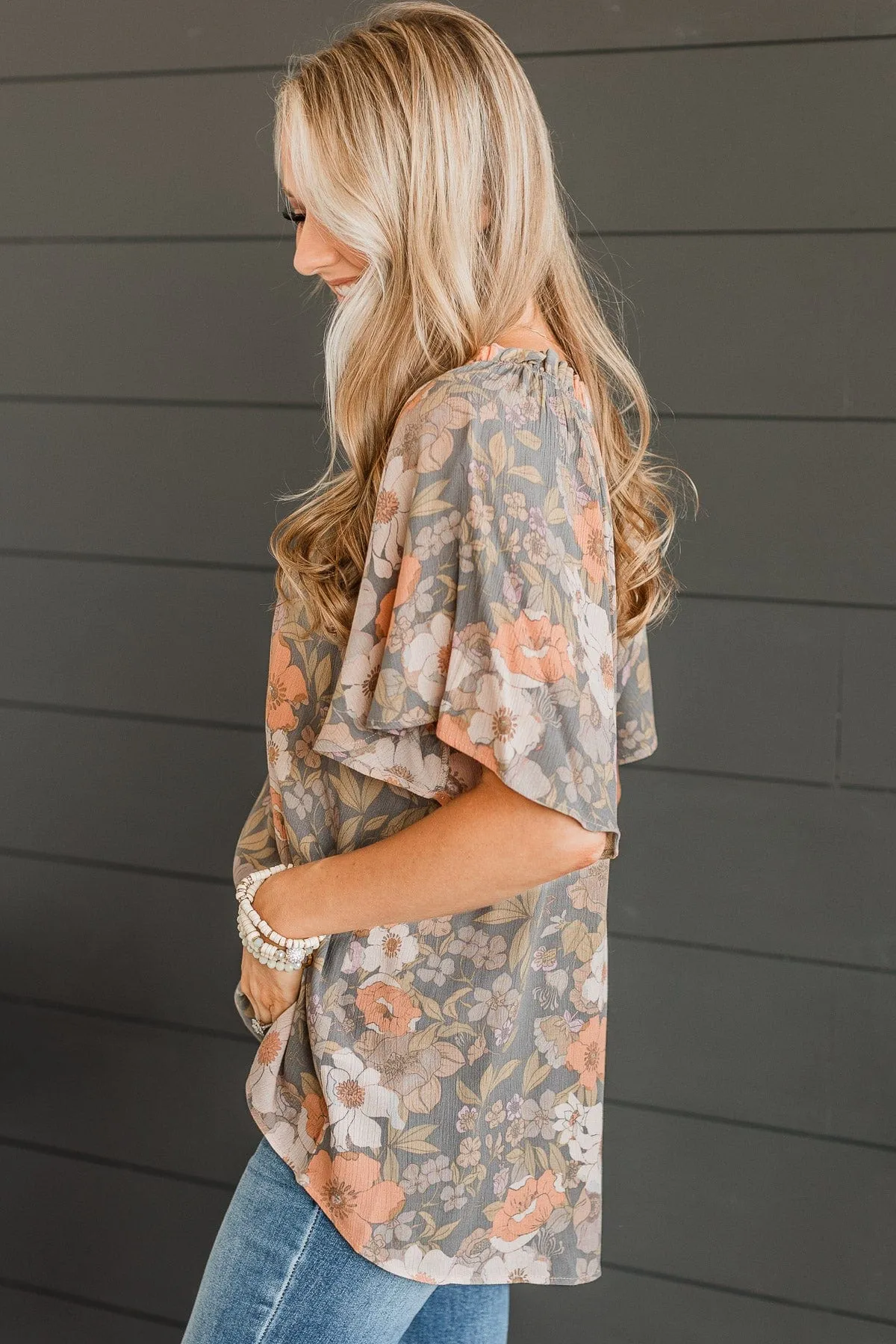 Forever Enchanted Floral Top- Grey