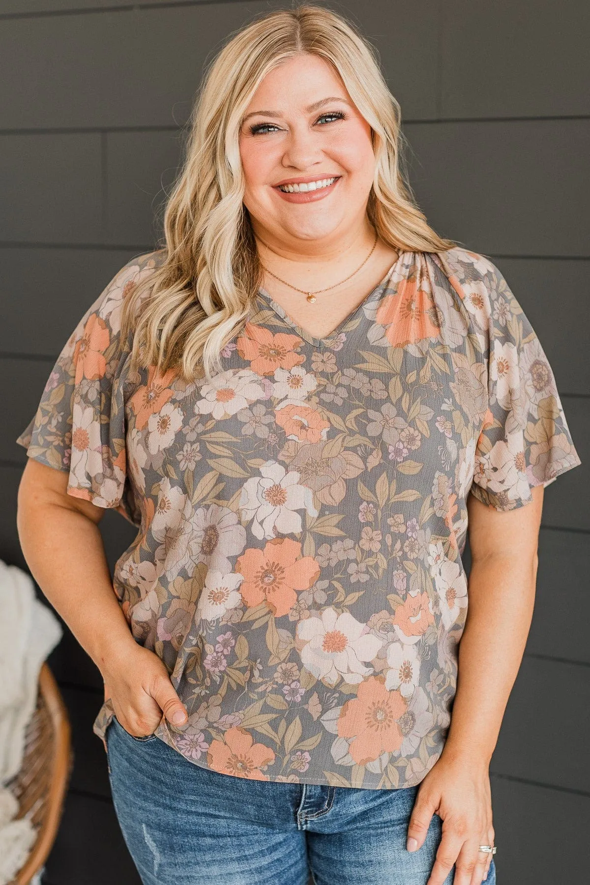 Forever Enchanted Floral Top- Grey