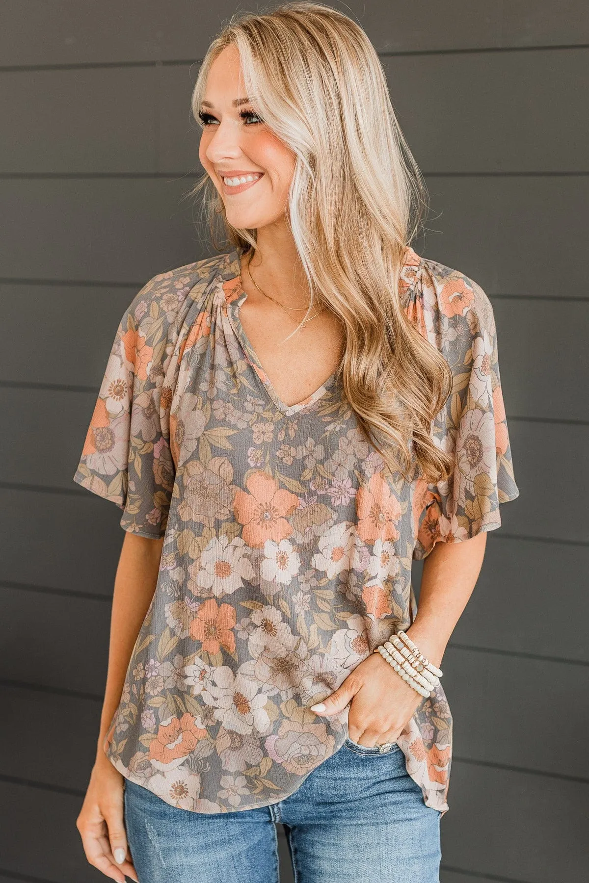 Forever Enchanted Floral Top- Grey