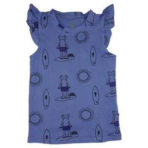 Frog Surf Print Ruffle Tank- Blue