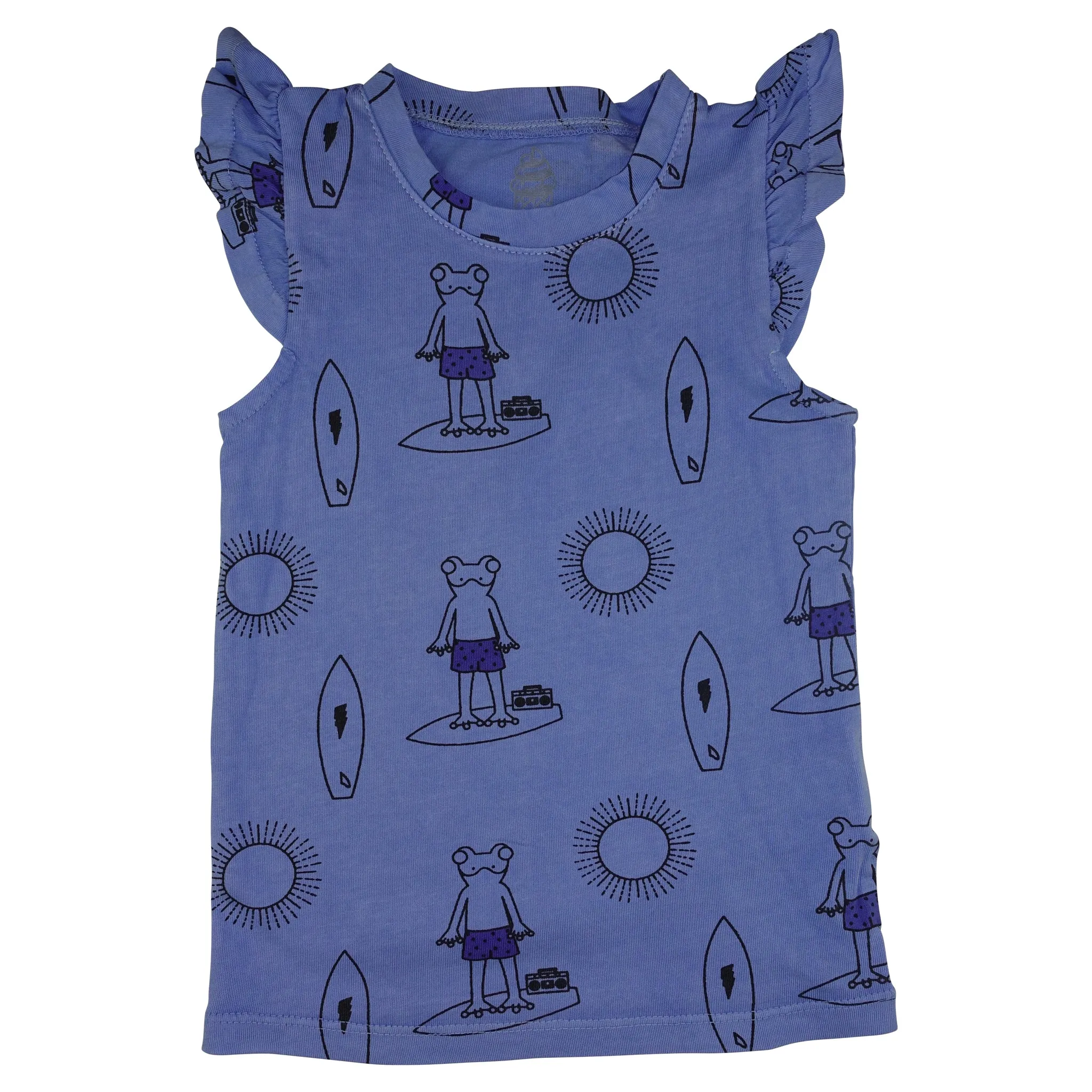 Frog Surf Print Ruffle Tank- Blue