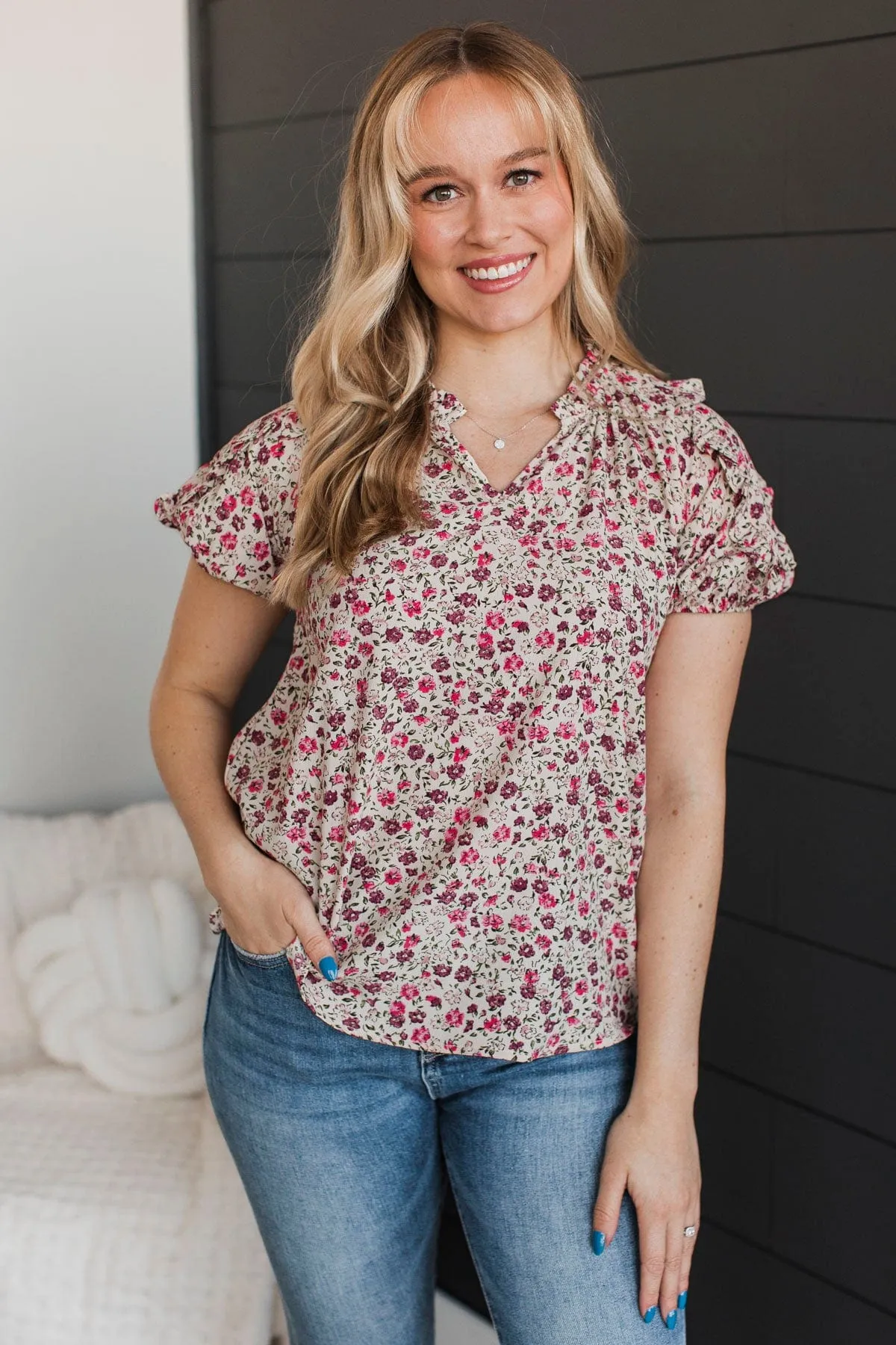 Fulfilling Encounters Floral Blouse- Bone & Pink