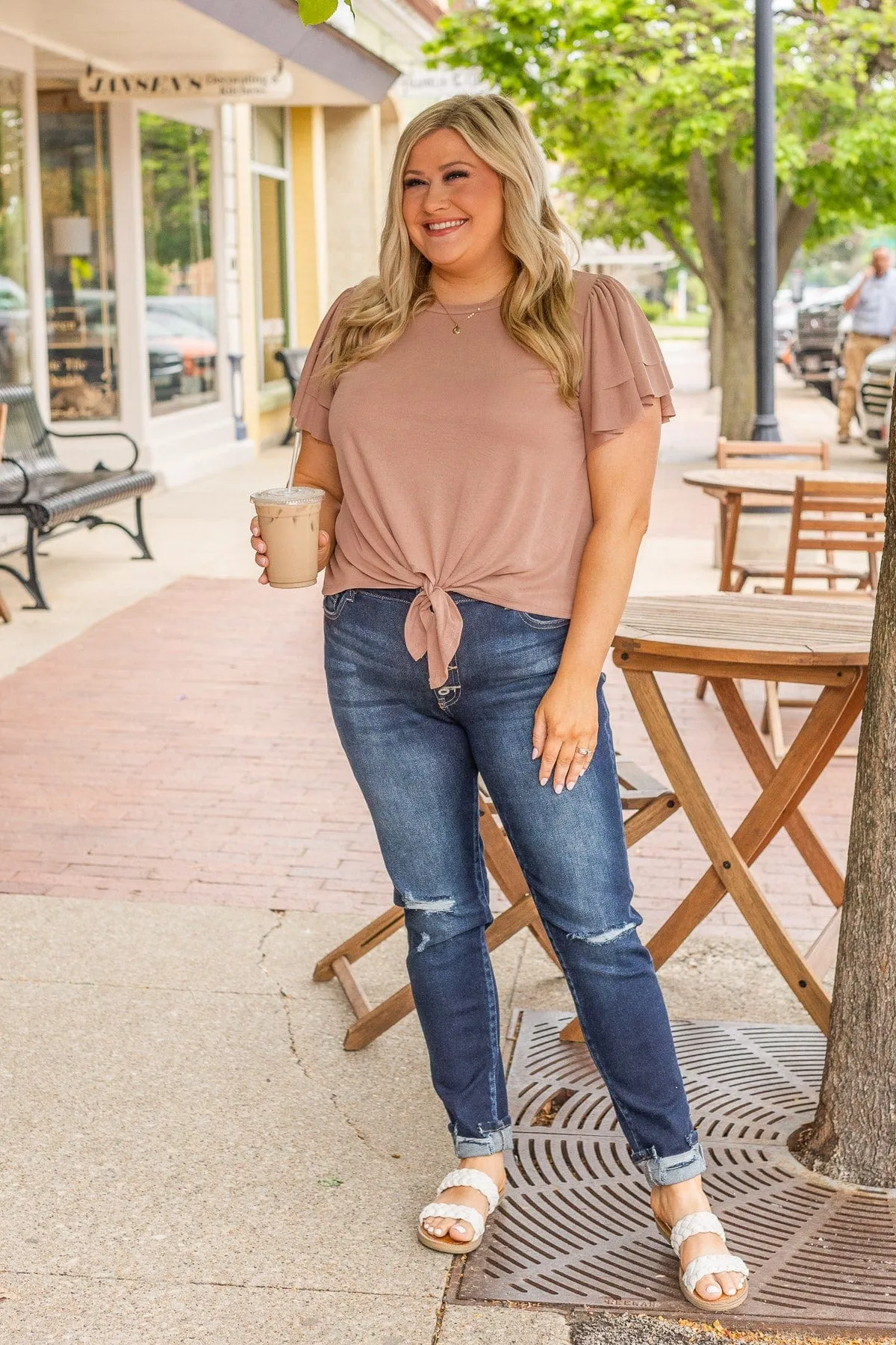 Got Me Tongue Tied Front Knot Top- Taupe