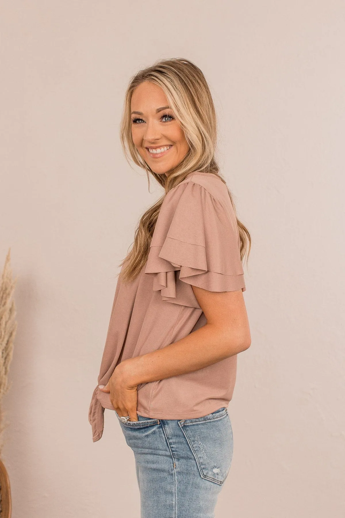 Got Me Tongue Tied Front Knot Top- Taupe