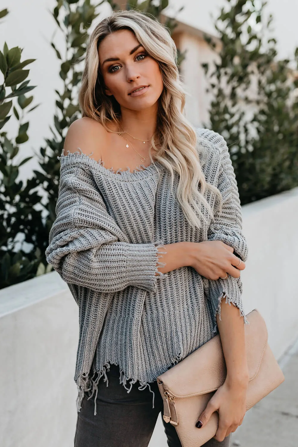 Gray Tainted Love Cotton Distressed Sweater