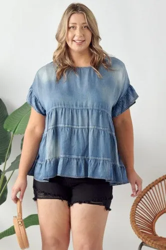 Grey Denim Washed Ruffle Top