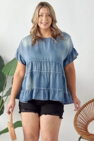 Grey Denim Washed Ruffle Top