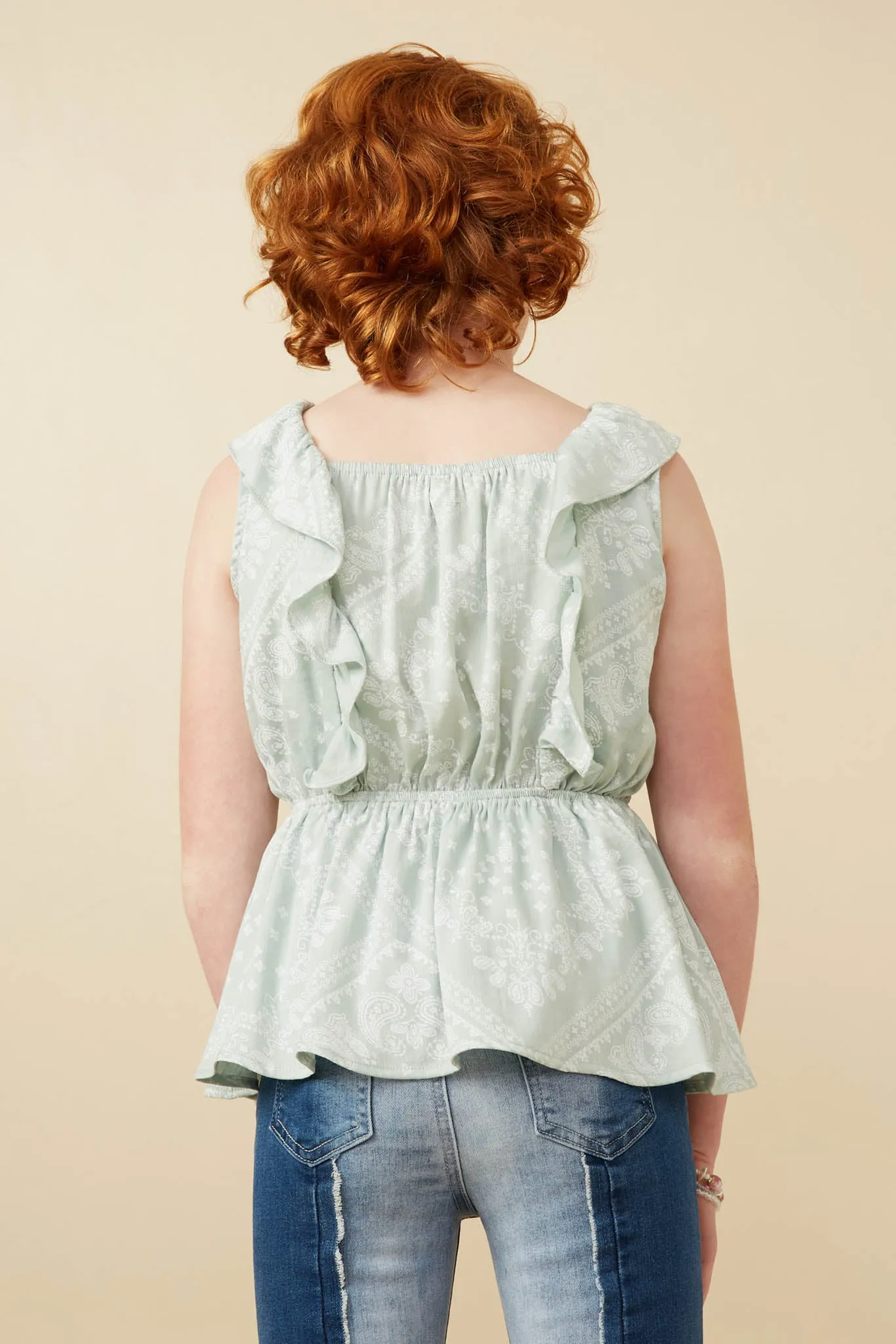 Handkerchief Print Smocked Ruffle Tank