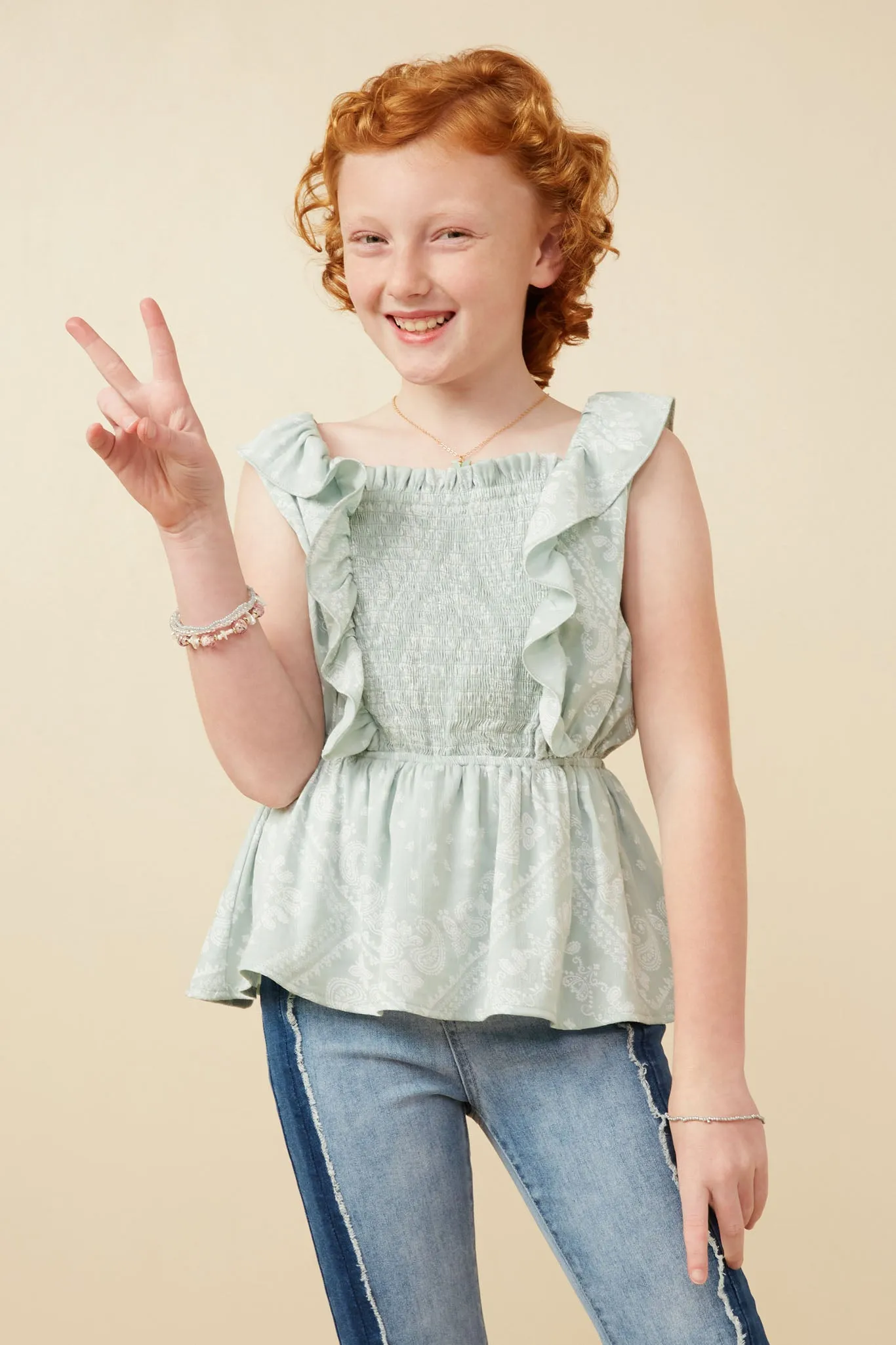 Handkerchief Print Smocked Ruffle Tank
