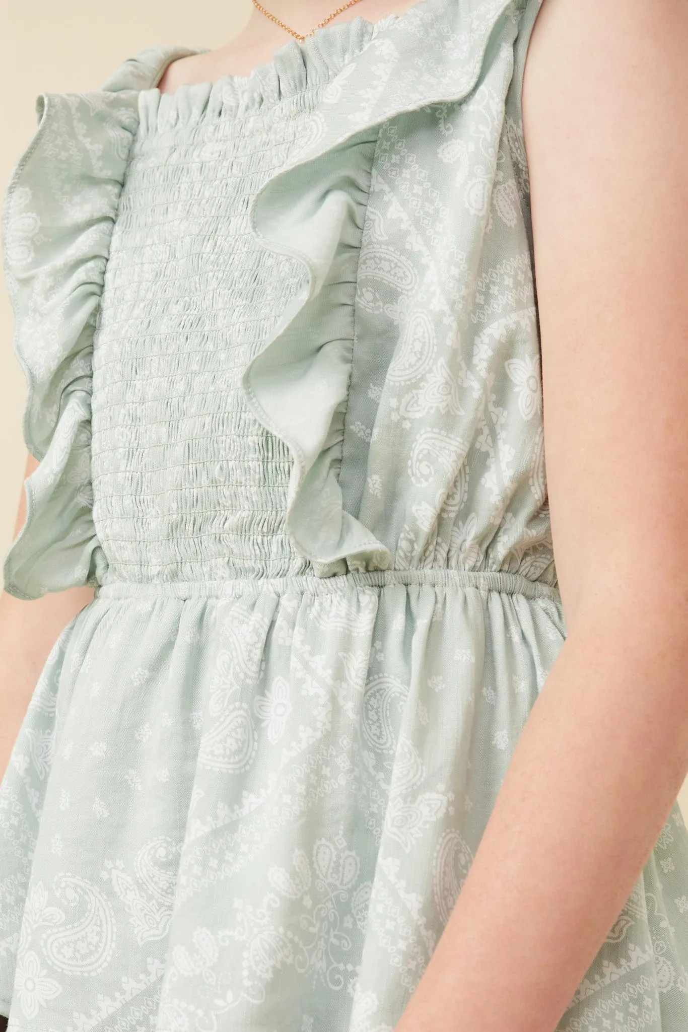 Handkerchief Print Smocked Ruffle Tank