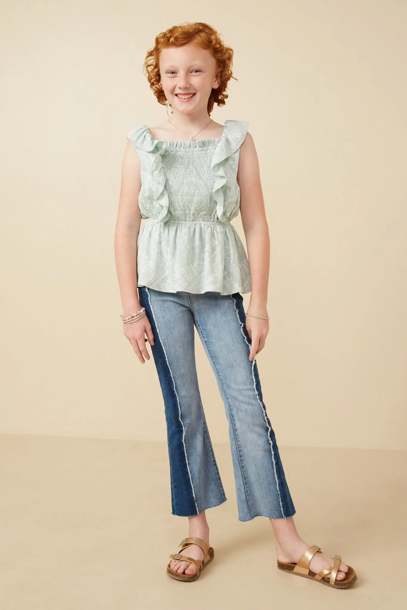 Handkerchief Print Smocked Ruffle Tank