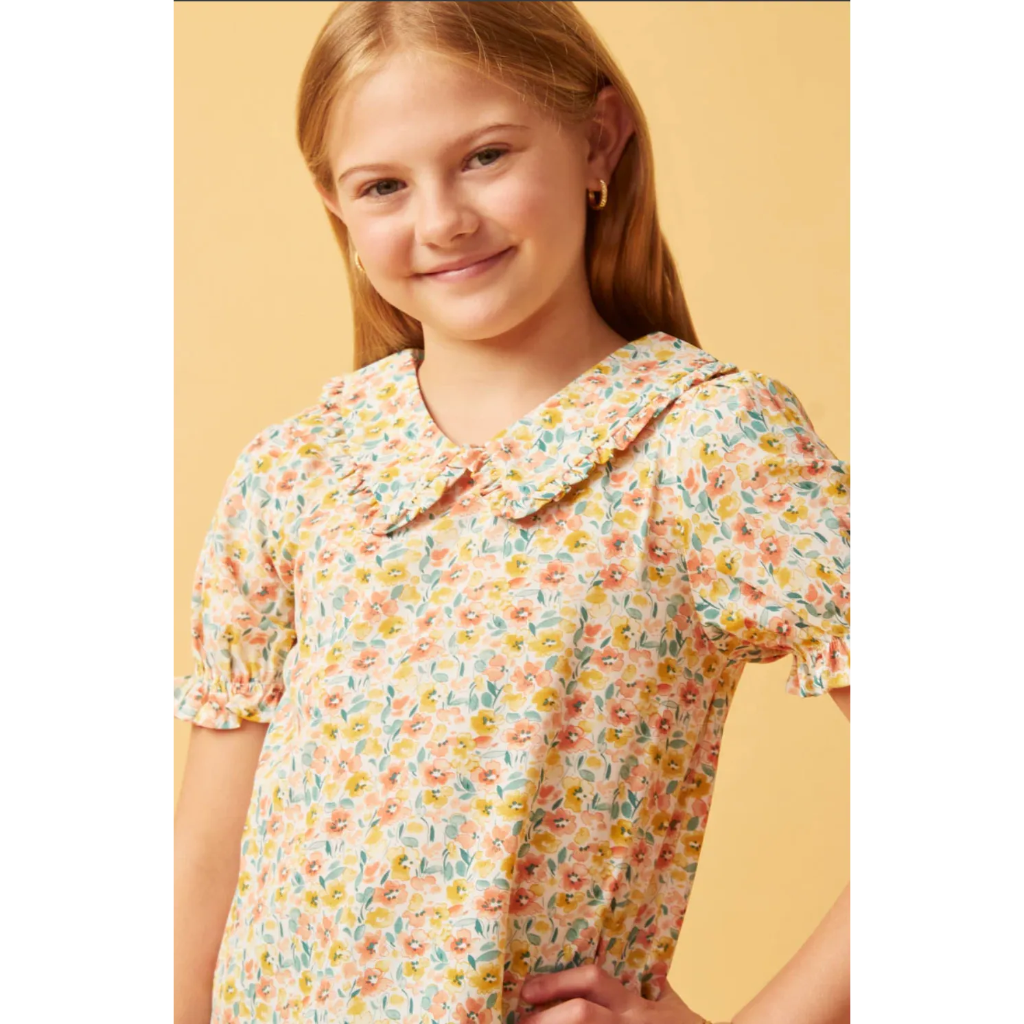Hayden Girls Floral Ruffle Collar Cinch Sleeve Top