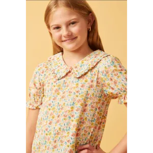 Hayden Girls Floral Ruffle Collar Cinch Sleeve Top