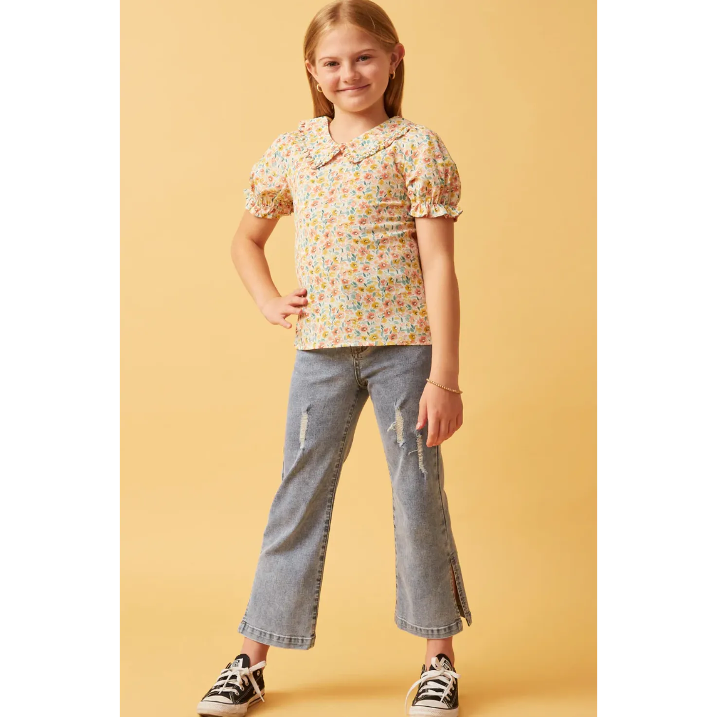 Hayden Girls Floral Ruffle Collar Cinch Sleeve Top