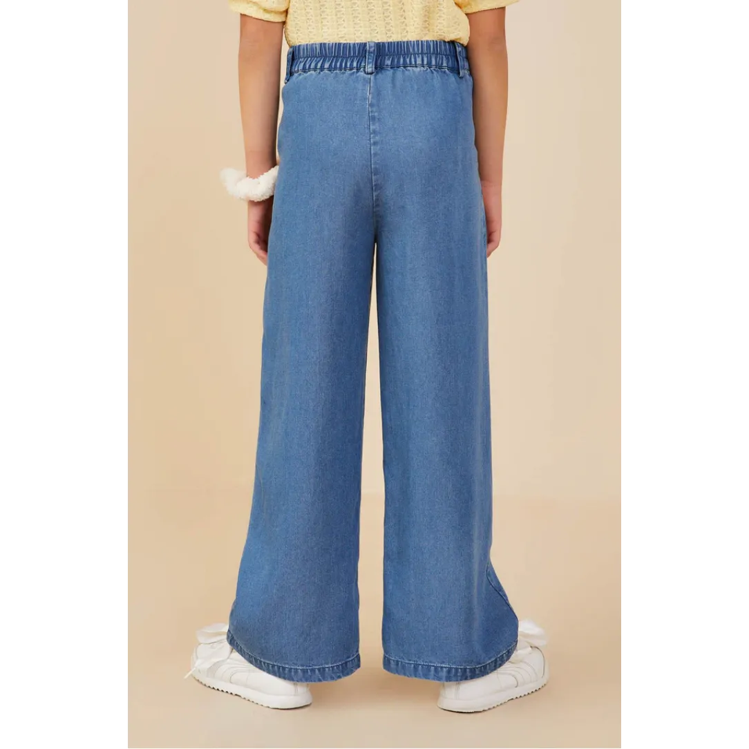 Hayden Girls Pleated Detail Wide Leg Tencel Pants- Mid Denim