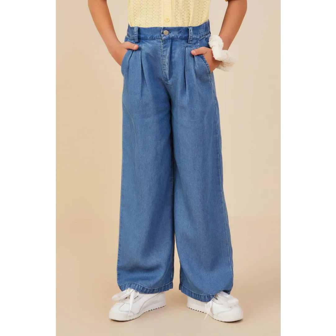 Hayden Girls Pleated Detail Wide Leg Tencel Pants- Mid Denim