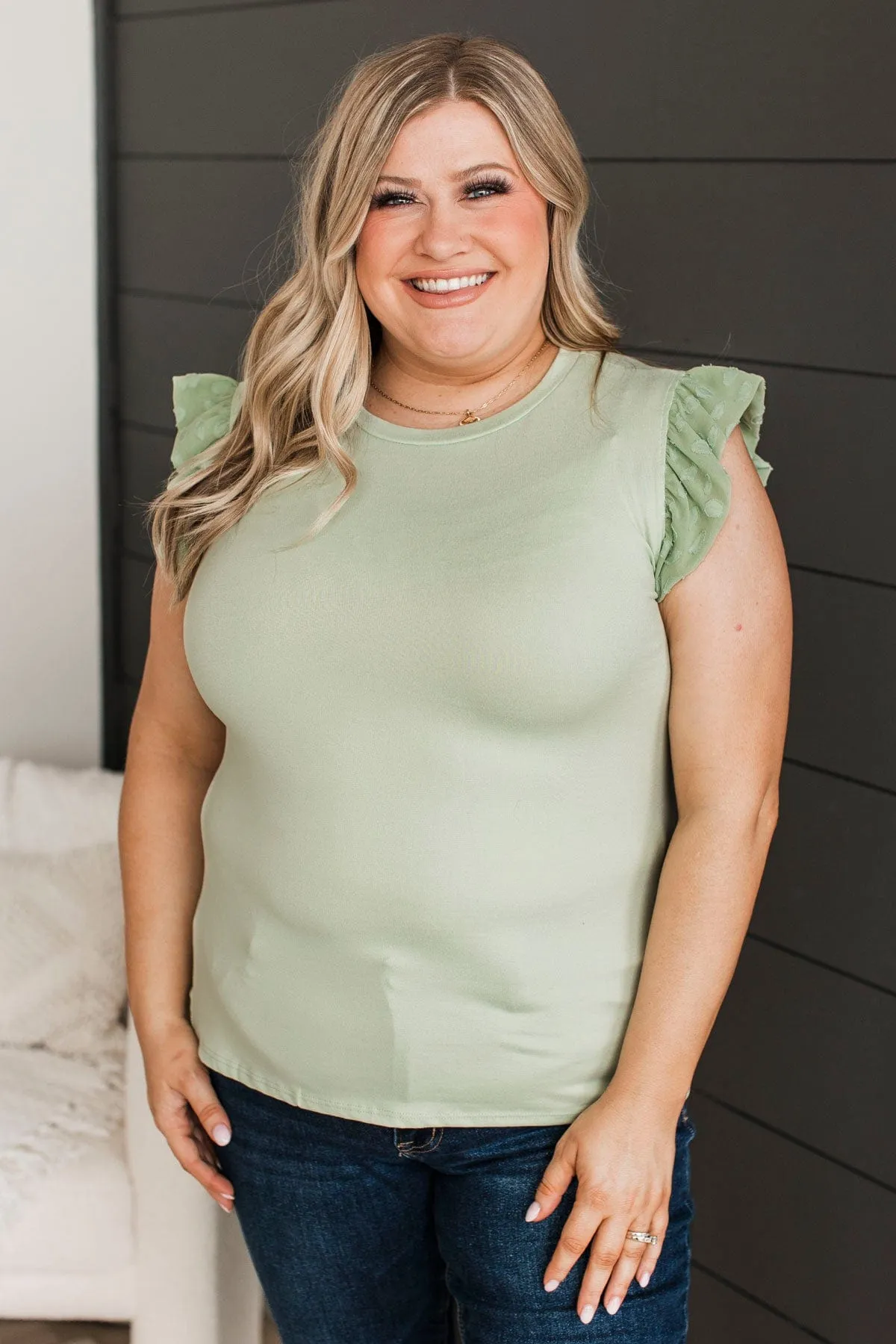 Heavenly Moments Ruffle Sleeve Top- Sage