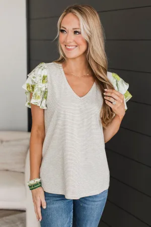 Hitting Milestones Ruffle Sleeve Top- Ivory & Green
