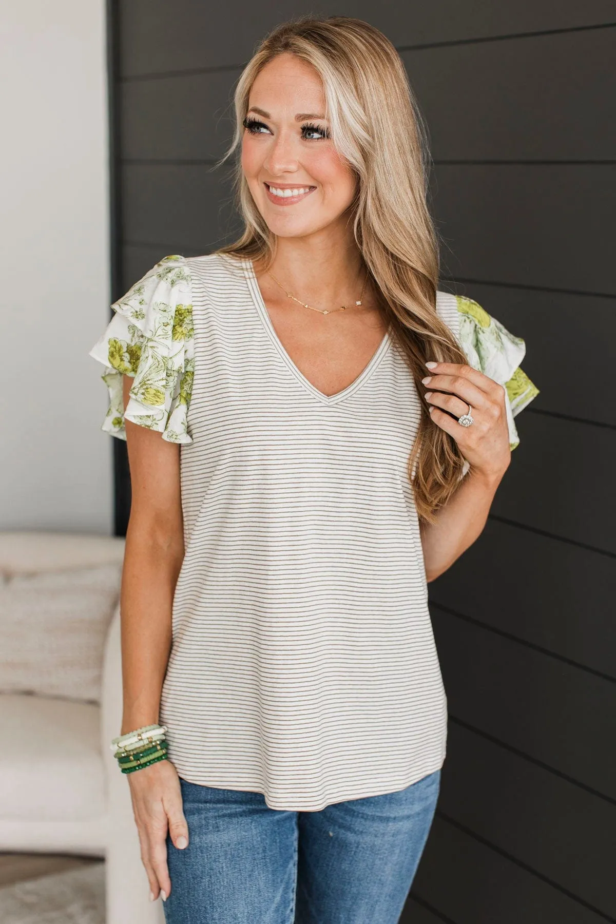 Hitting Milestones Ruffle Sleeve Top- Ivory & Green