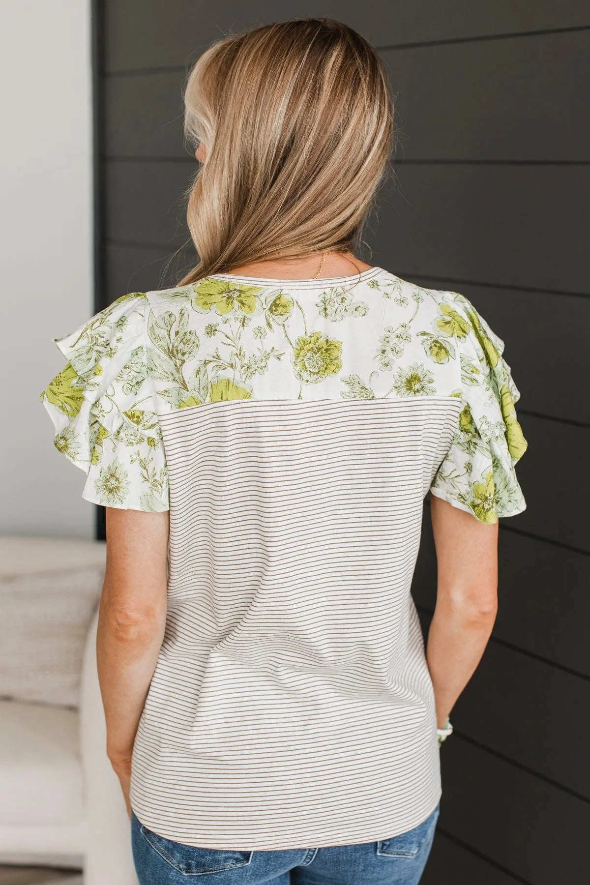 Hitting Milestones Ruffle Sleeve Top- Ivory & Green